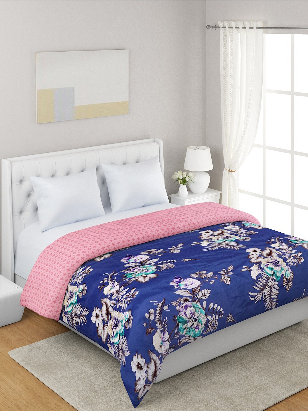 

A Homes Grace Blue & Pink Floral Microfiber Summer 120 GSM Double Bed Dohar
