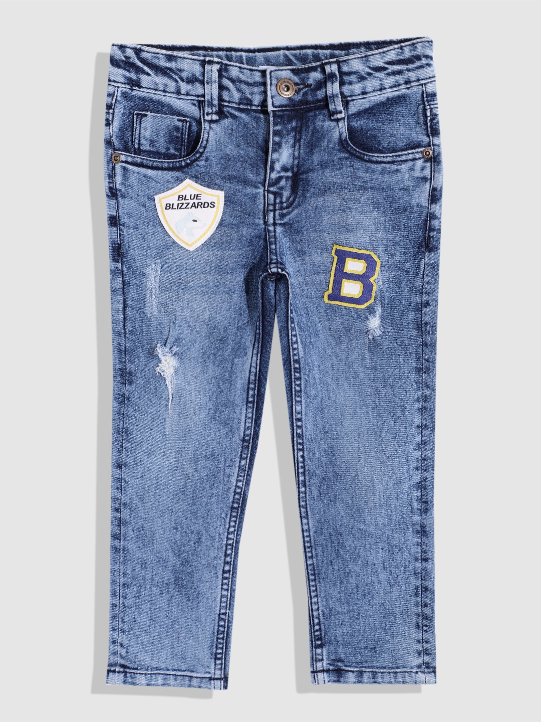 

YK Boys Slim Fit Mildly Distressed Heavy Fade Applique Detail Stretchable Jeans, Blue