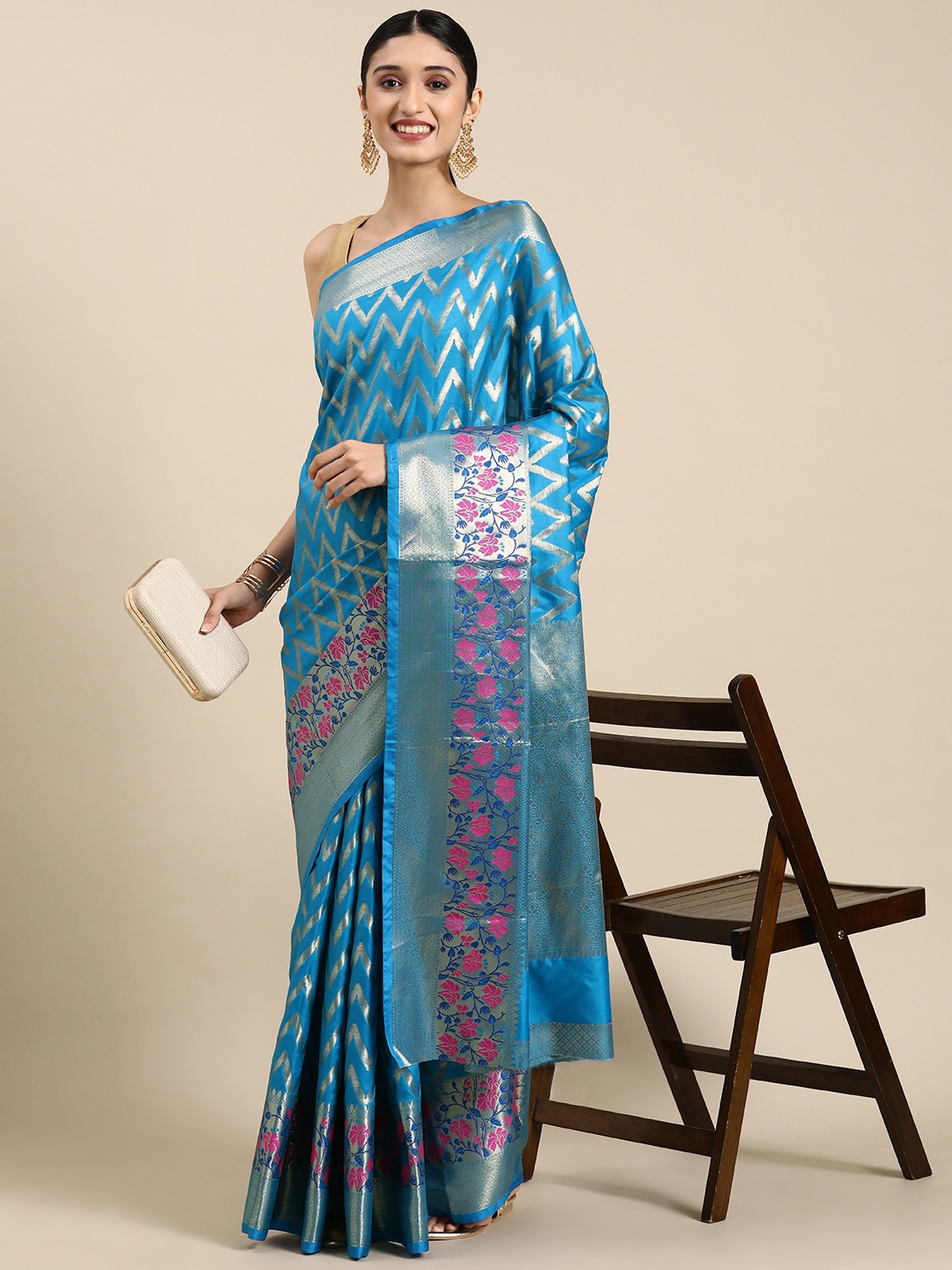 

Mitera Zari Silk Blend Banarasi Saree, Turquoise blue