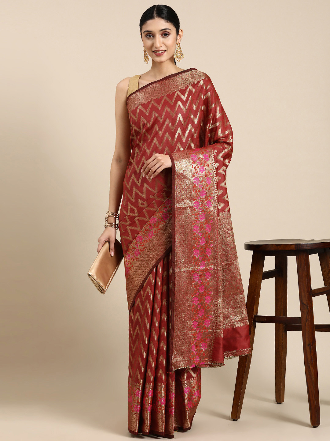 

Mitera Zari Silk Blend Banarasi Saree, Red