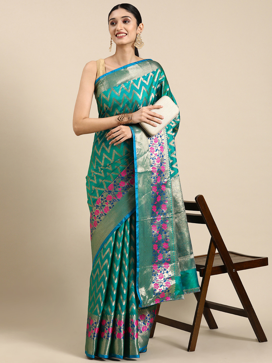

Mitera Zari Silk Blend Banarasi Saree, Teal