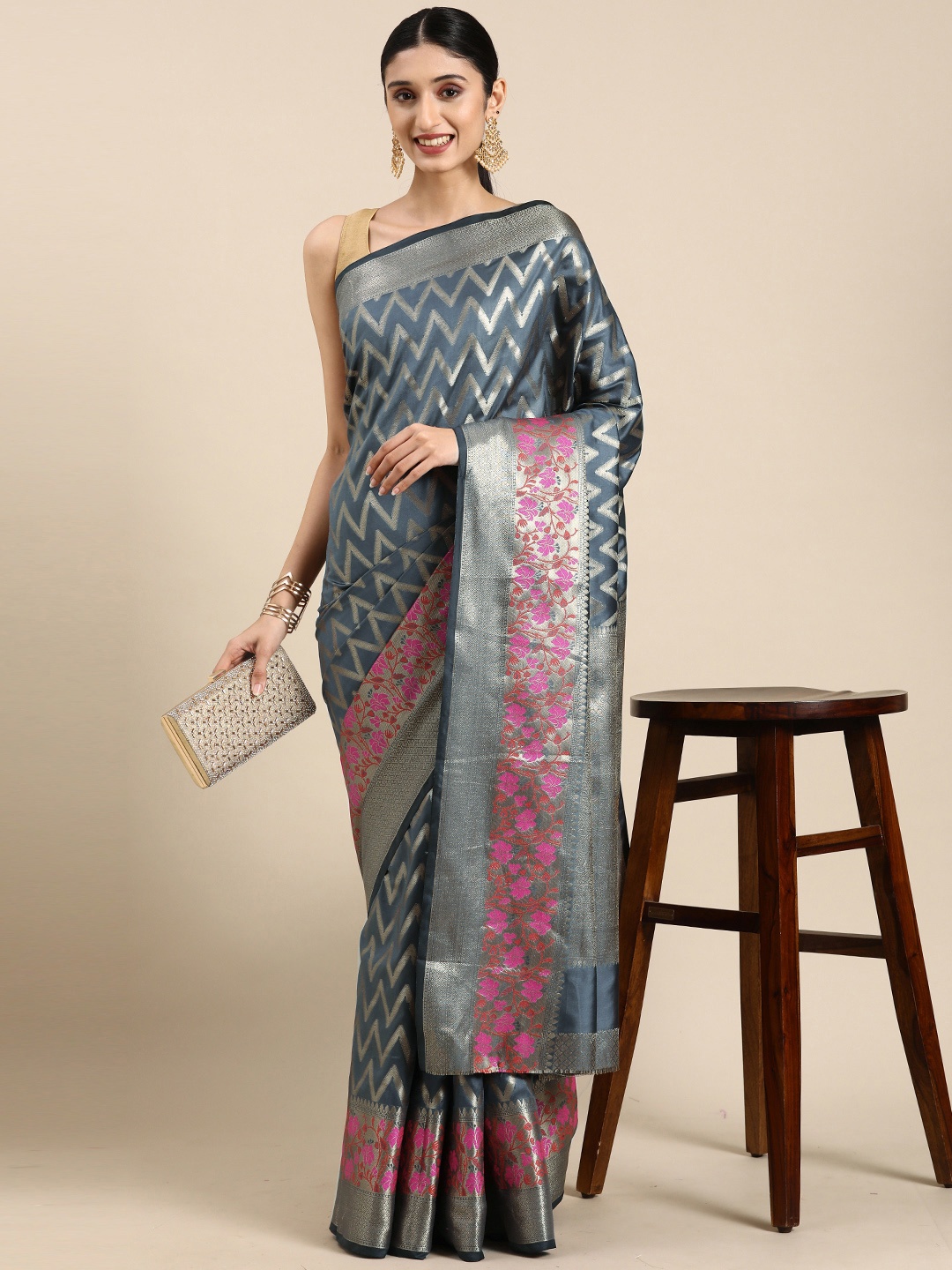 

Mitera Zari Silk Blend Banarasi Saree, Grey