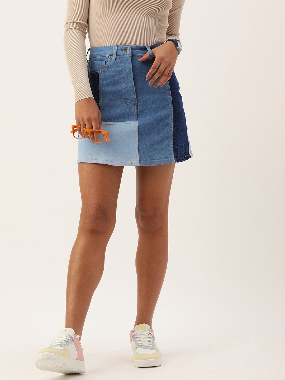 

Kook N Keech Women Colourblocked Denim Straight Mini Skirt, Navy blue