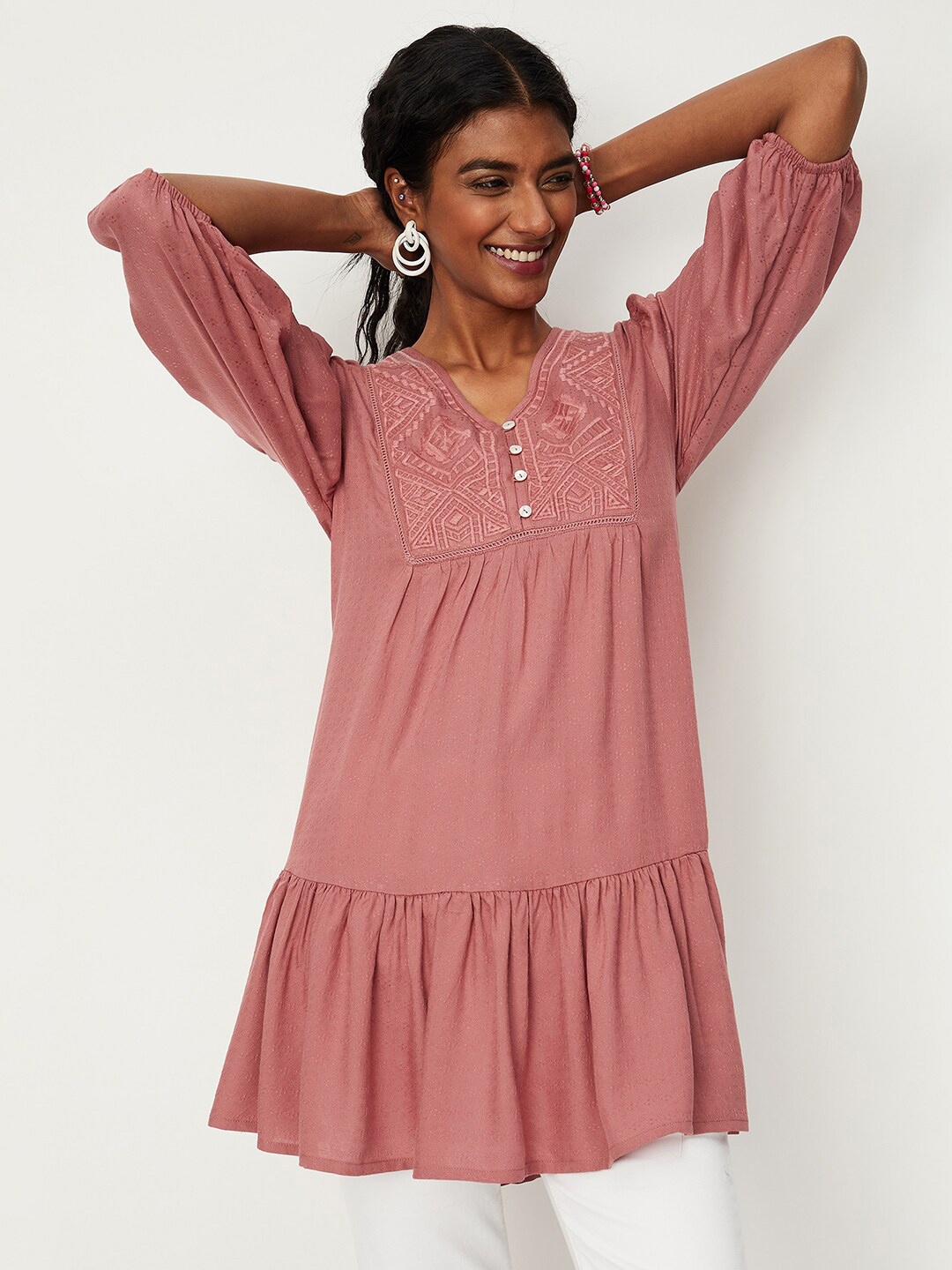 

max Embroidered Yoke Design Gathers Flared Tunic, Rust