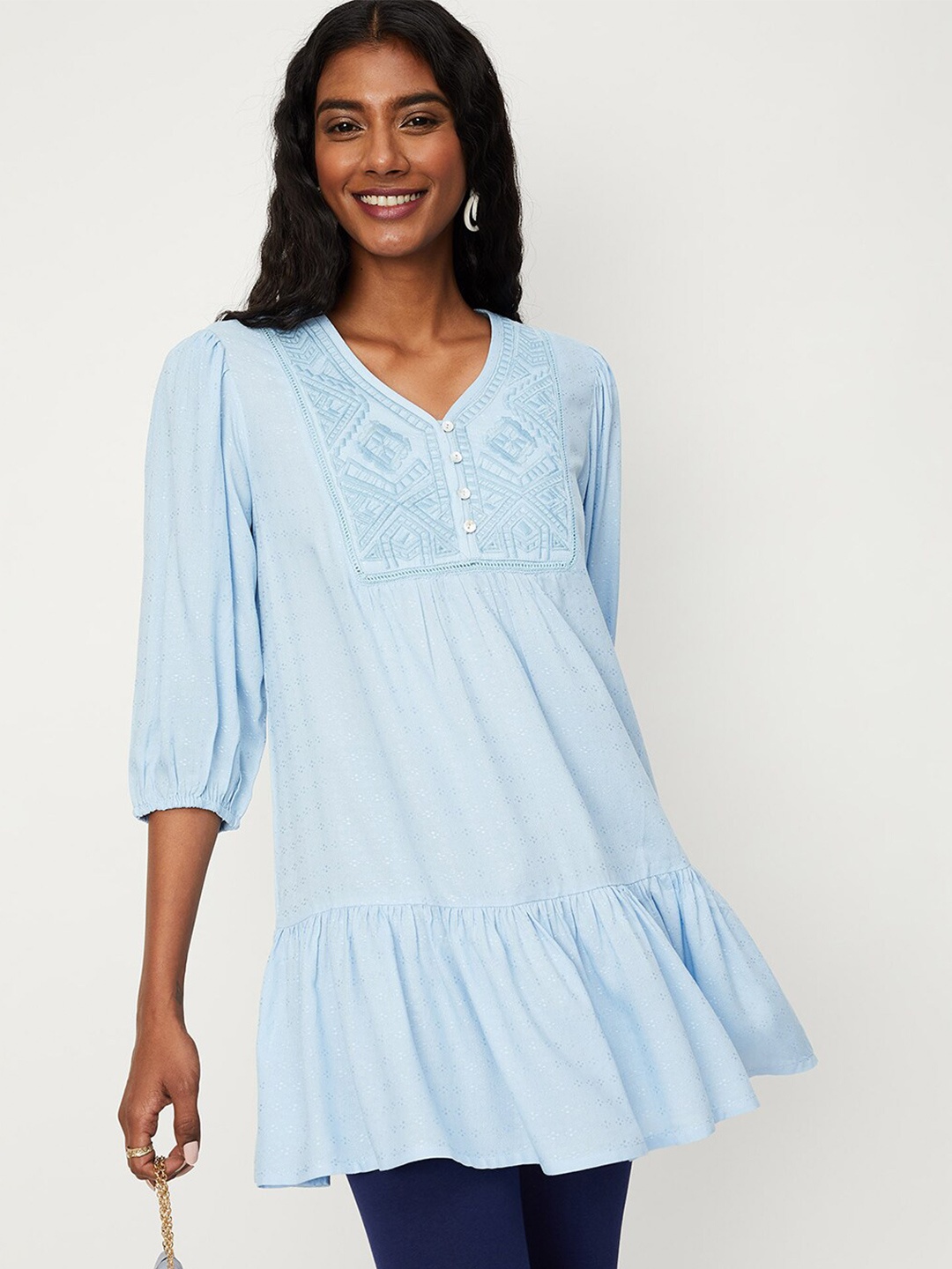 

max Embroidered Yoke Design Gathers Flared Tunic, Blue