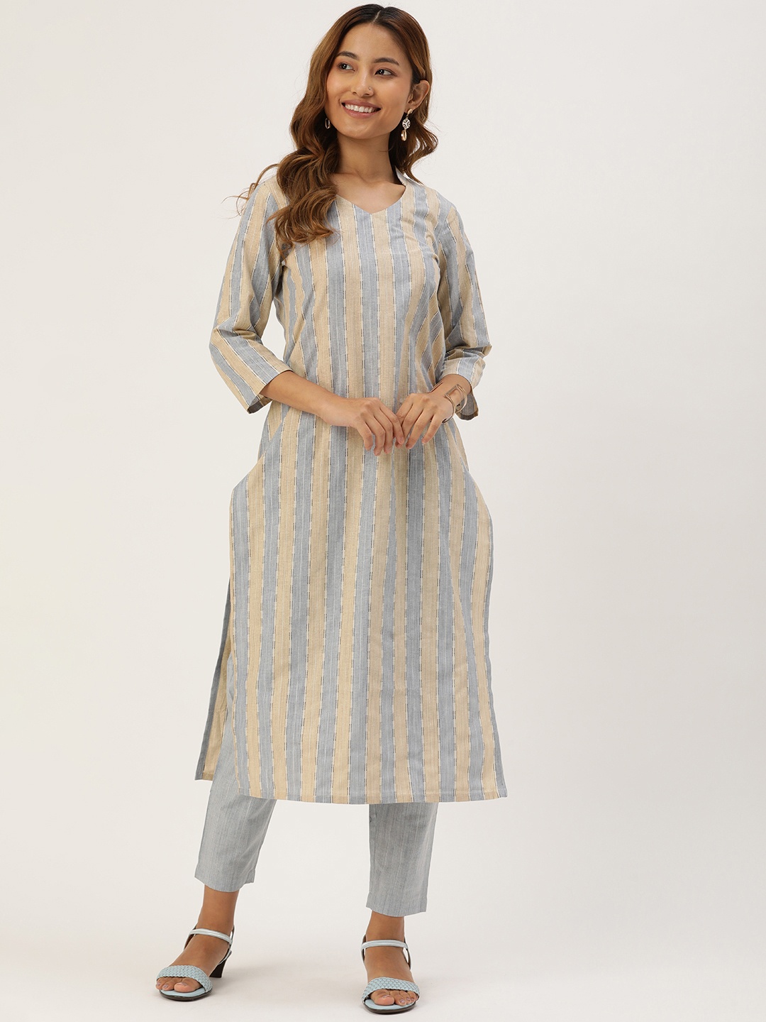 

Saanjh Woven Design Striped Pure Cotton Kurta With Trousers, Beige