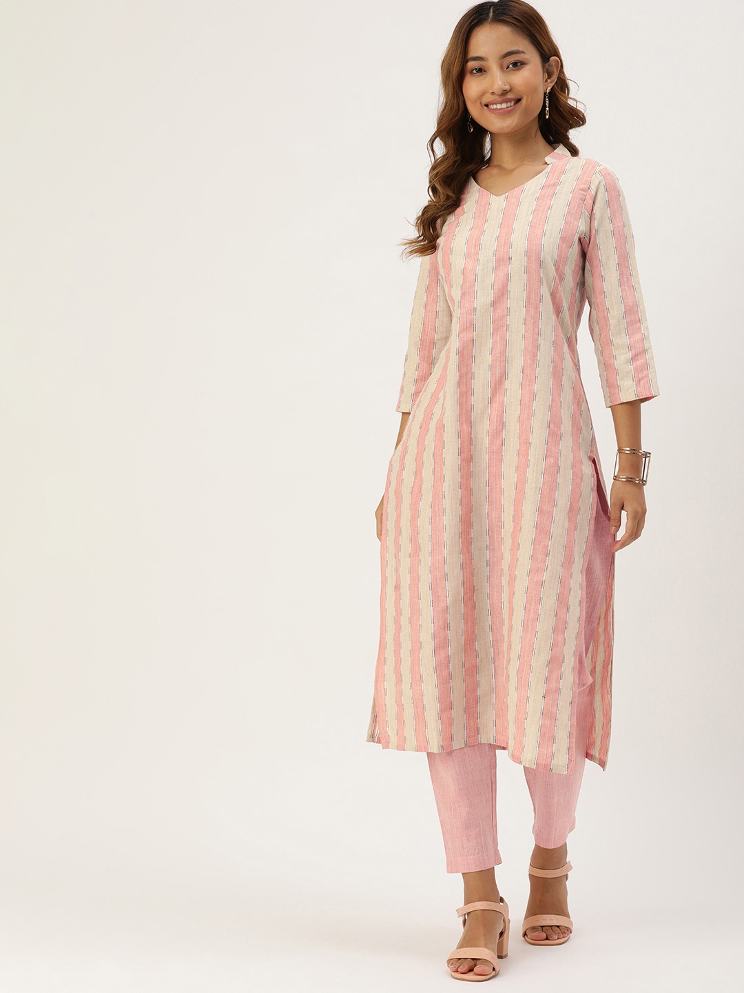 

Saanjh Woven Design Striped Pure Cotton Kurta With Trousers, Beige