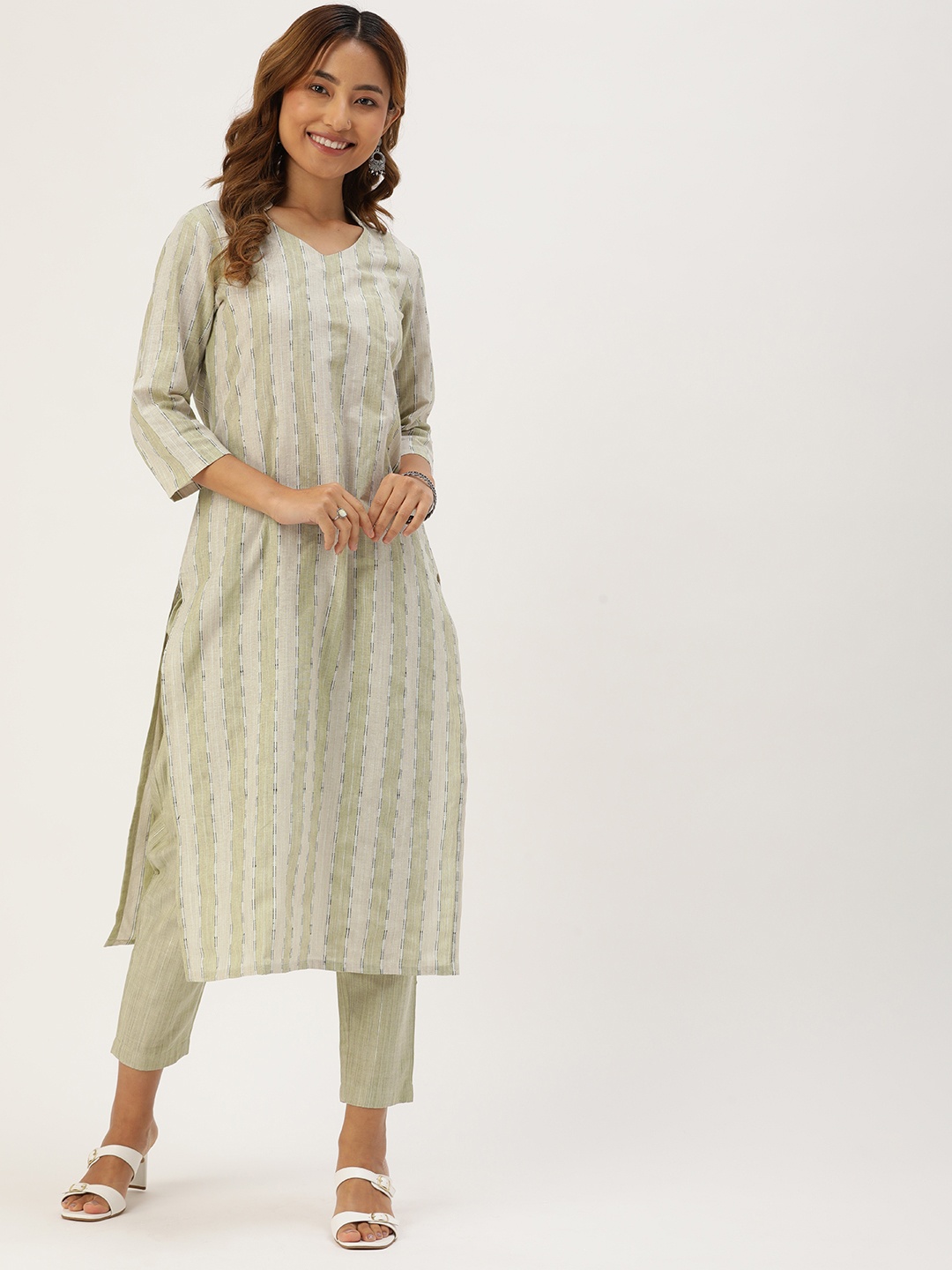 

Saanjh Woven Design Striped Pure Cotton Kurta With Trousers, Beige