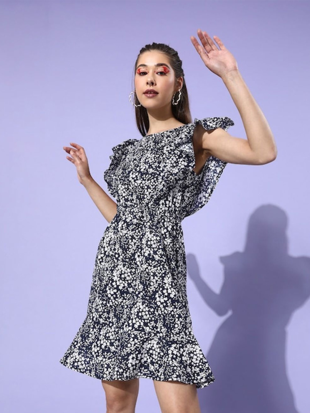 

Sera Floral Printed Flutter Sleeves Mini Cotton Dress, Navy blue