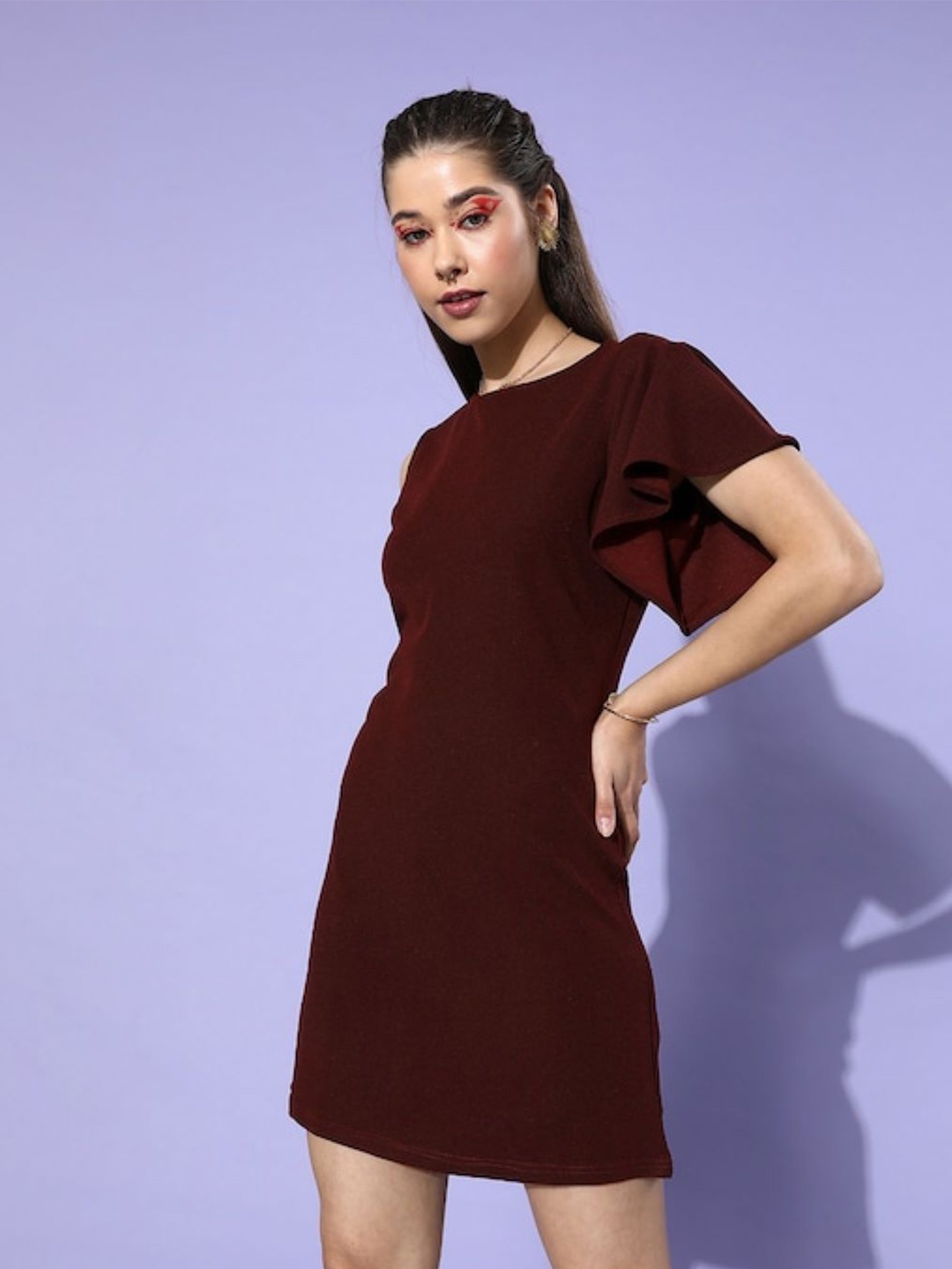 

Sera Scuba Flutter Sleeves Sheath Mini Dress, Burgundy