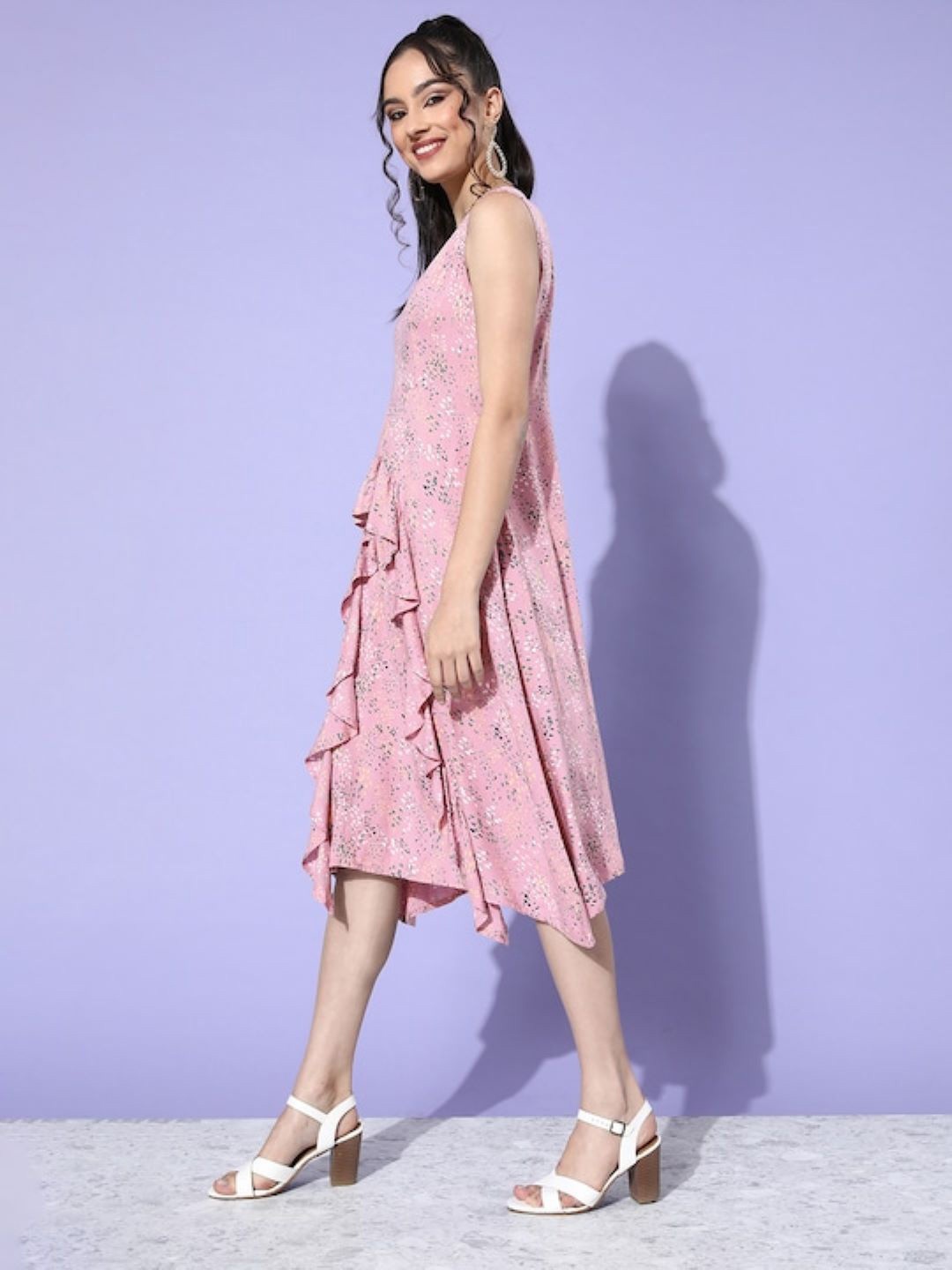 

Sera Abstract Printed Ruffles Midi A-Line Dress, Pink