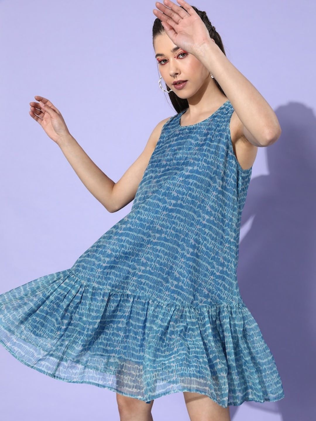 Sera Printed Sleeveless Round Neck A-Line Dress, Blue