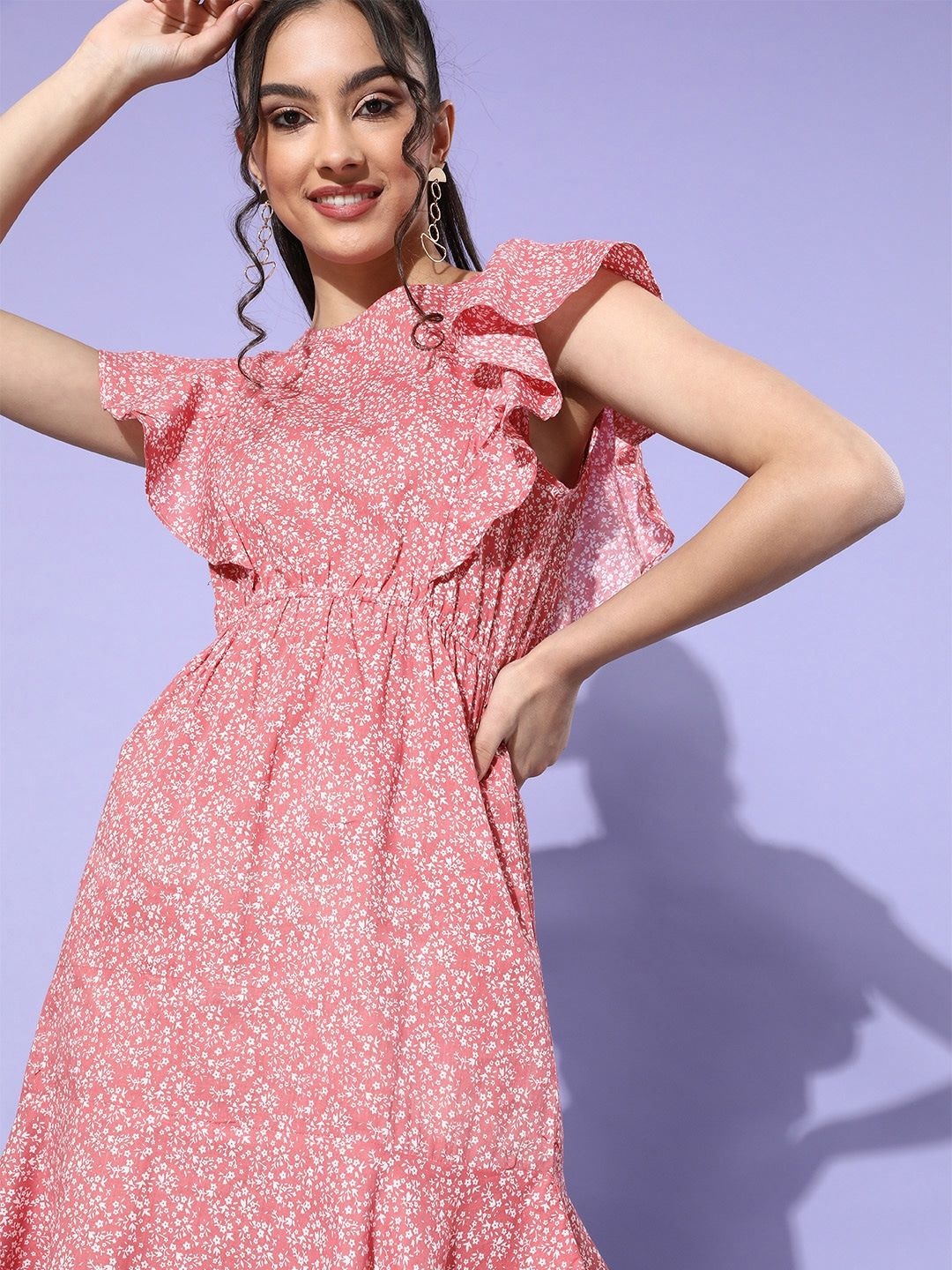 

Sera Floral Printed Ruffle A-Line Mini Dress, Pink