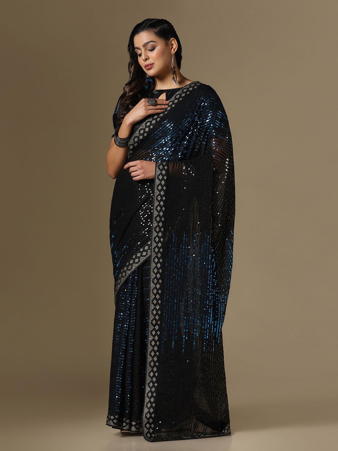 

Mitera Embellished Sequinned Heavy Work Saree, Navy blue