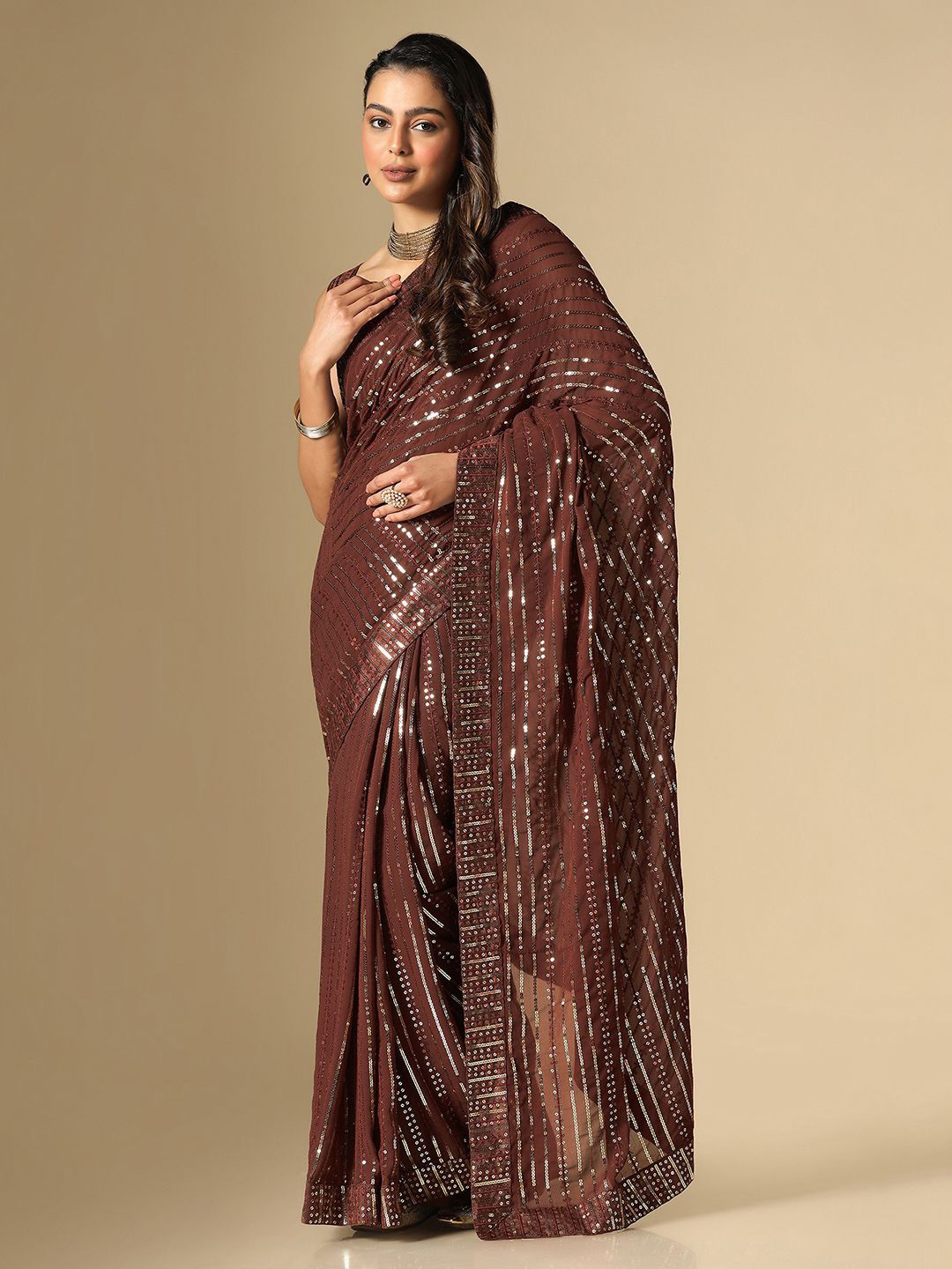 

Mitera Embellished Sequined Saree, Brown
