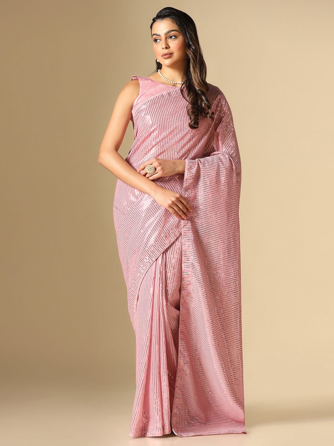 

Mitera Embellished Sequinned Saree, Pink