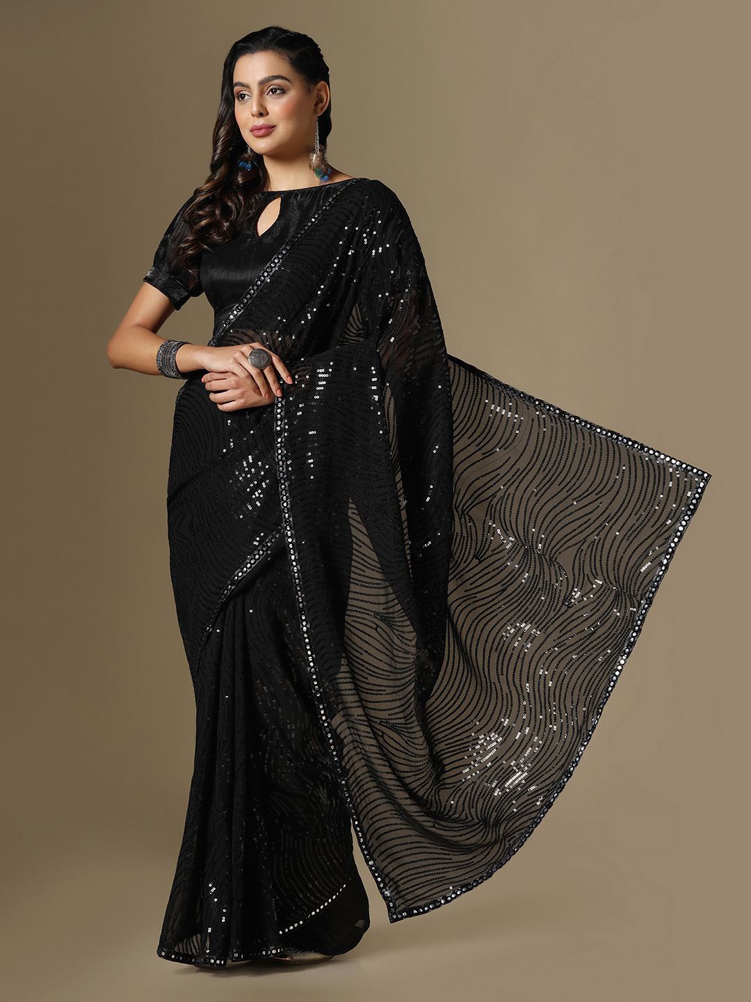 Mitera Embellished Sequinned Heavy Work Saree, Black