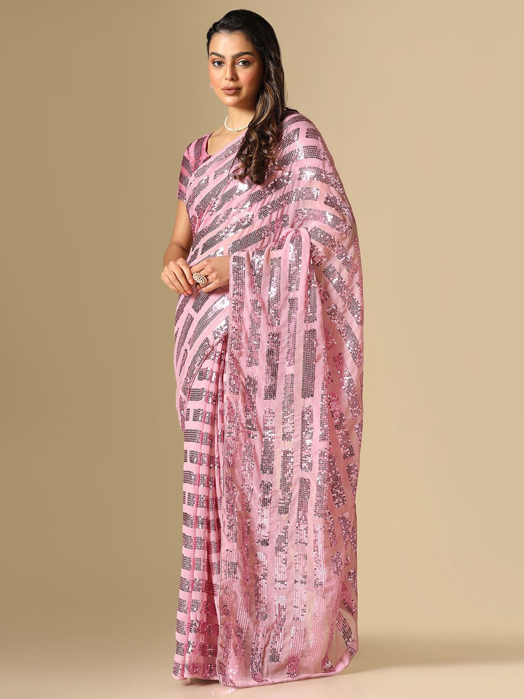 

Mitera Embellished Sequinned Heavy Work Saree, Pink