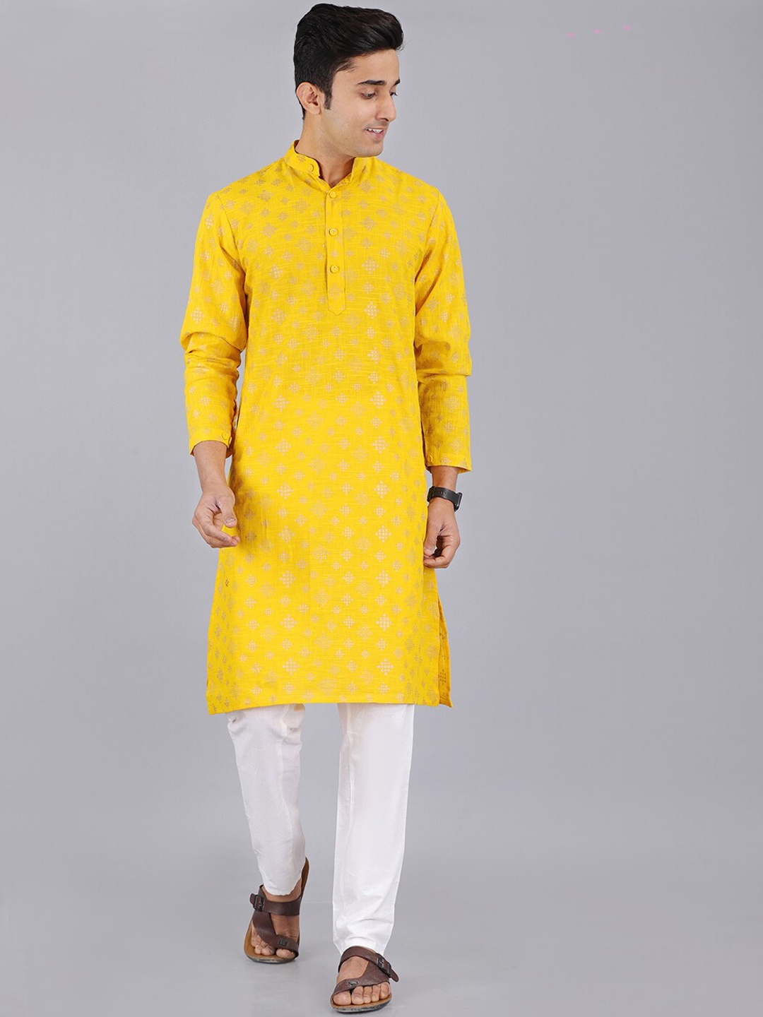 

ORTANGE Men Geometric Printed Pure Cotton Kurta With Pyjamas, Yellow