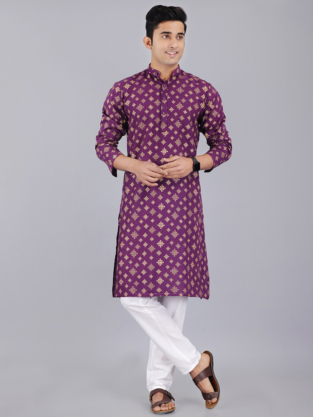 

ORTANGE Men Geometric Printed Pure Cotton Kurta With Pyjamas, Purple
