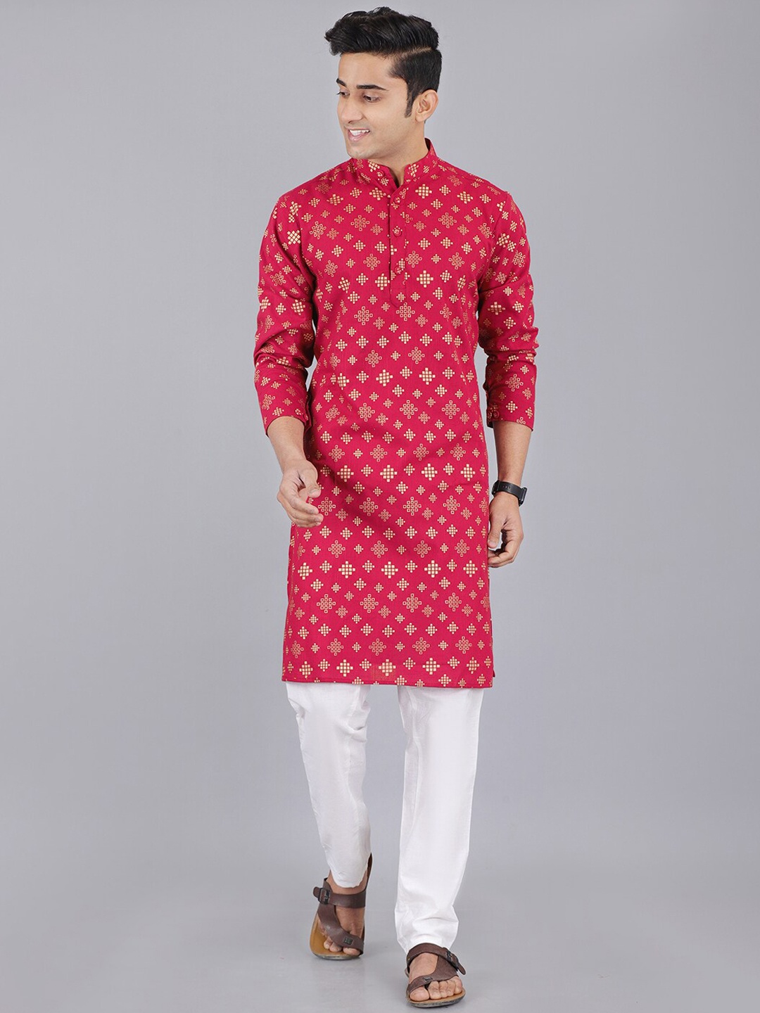 

ORTANGE Men Ethnic Motifs Printed Pure Cotton Kurta With Pyjamas, Maroon