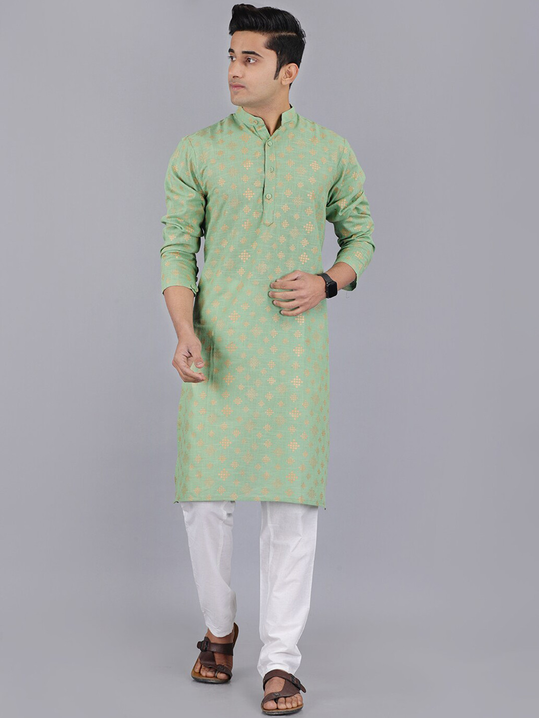 

ORTANGE Men Ethnic Motifs Printed Pure Cotton Kurta With Pyjamas, Green