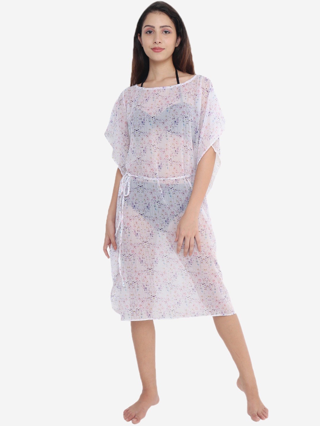 

Beau Design Women Floral Printed Swimwear Cover Up Kaftan Dress, White