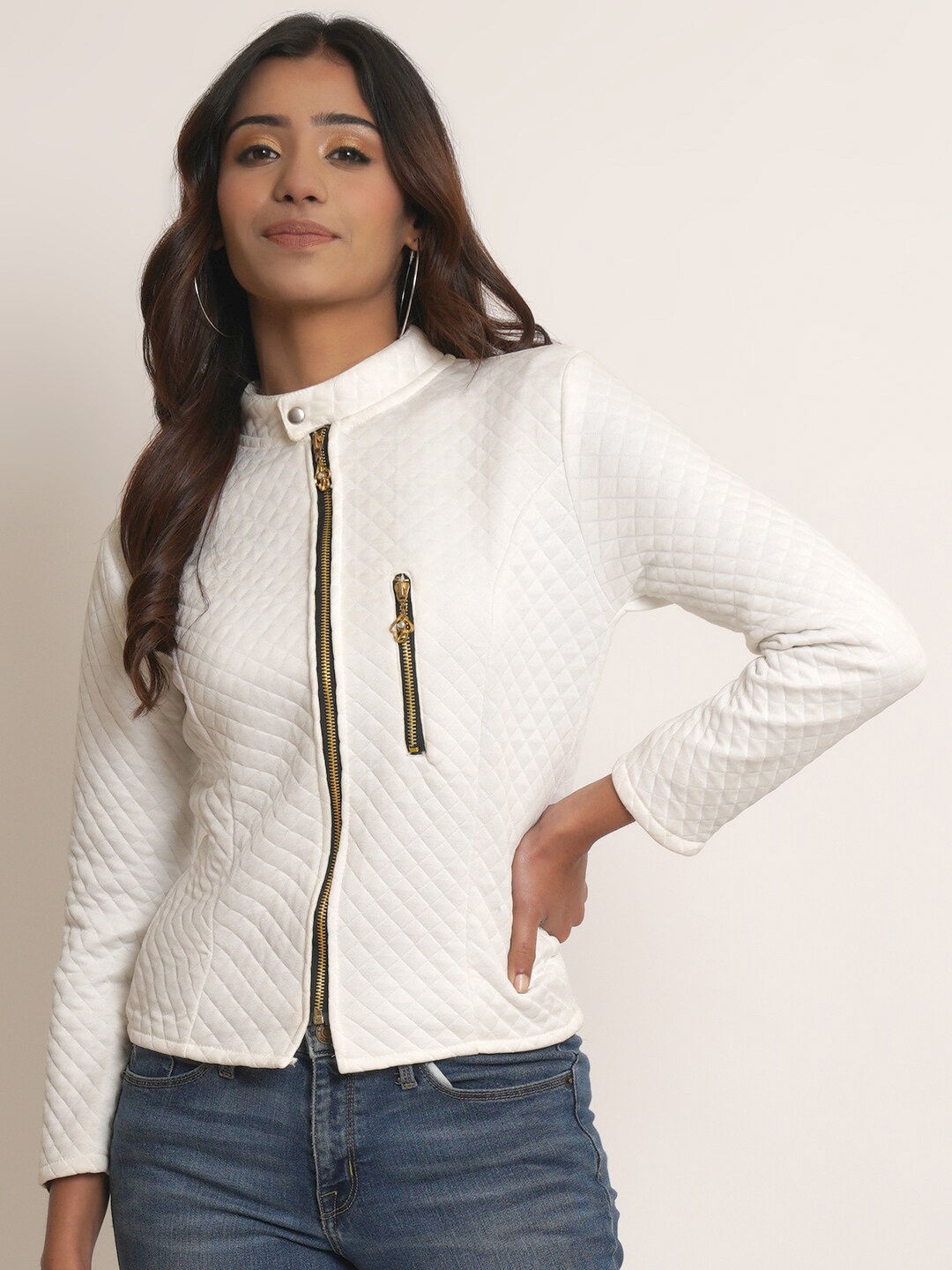

Purple State Women Self Design Mock Collar Front-Open Sweatshirt, White