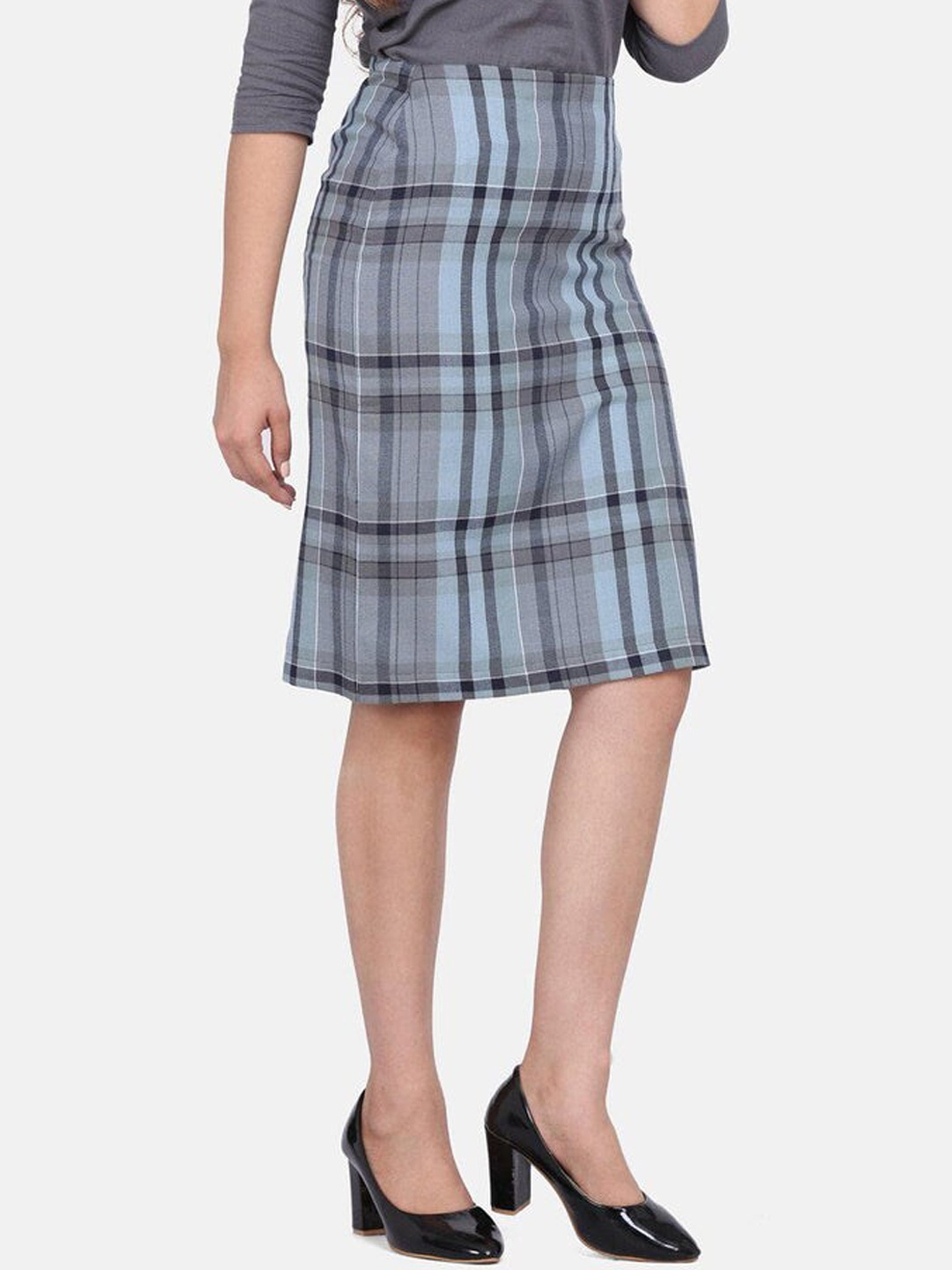 

PowerSutra Checked Knee-Length Straight Skirt, Grey