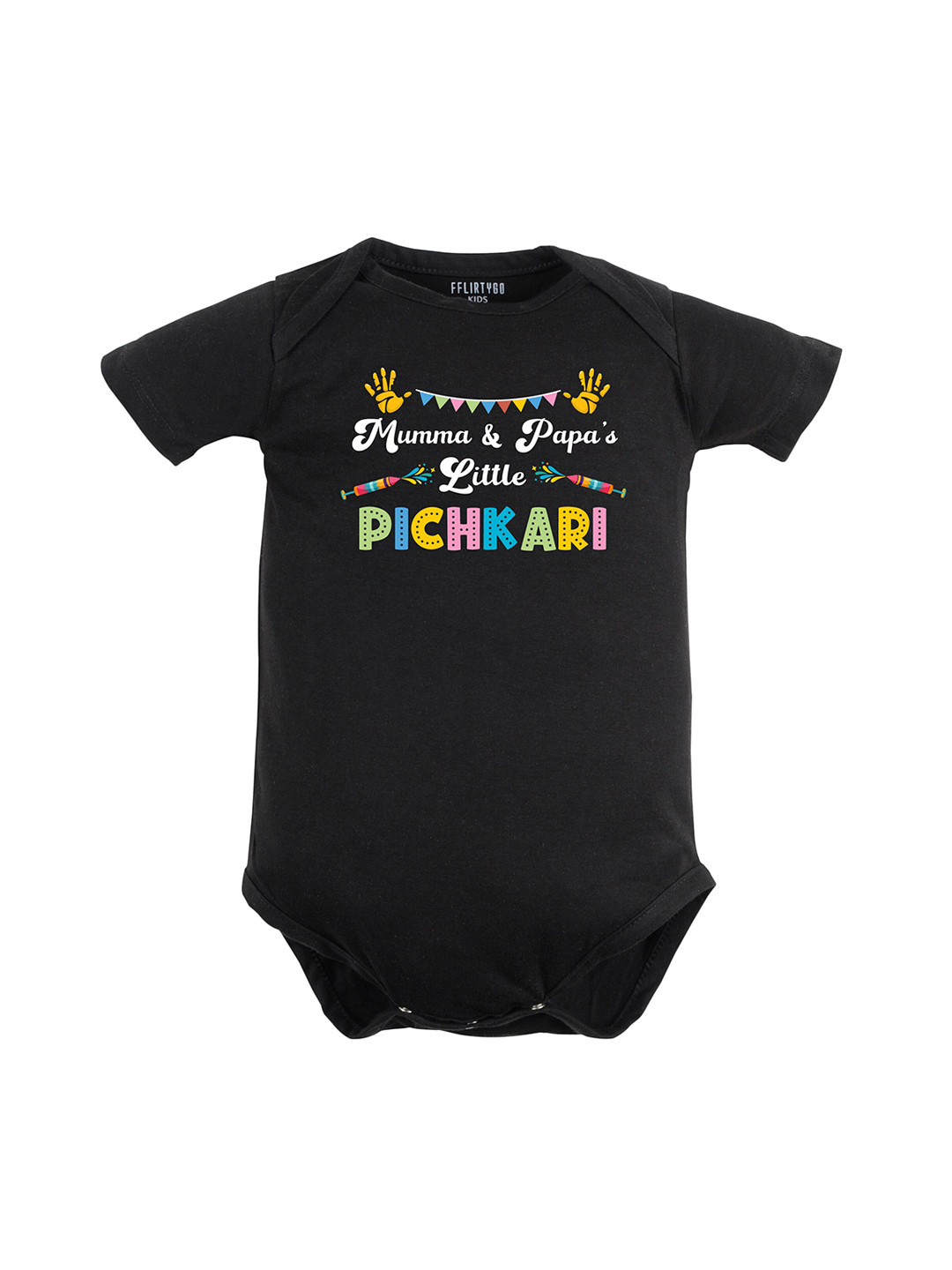 

FFLIRTYGO Infants Holi Printed Pure Cotton Bodysuit, Black