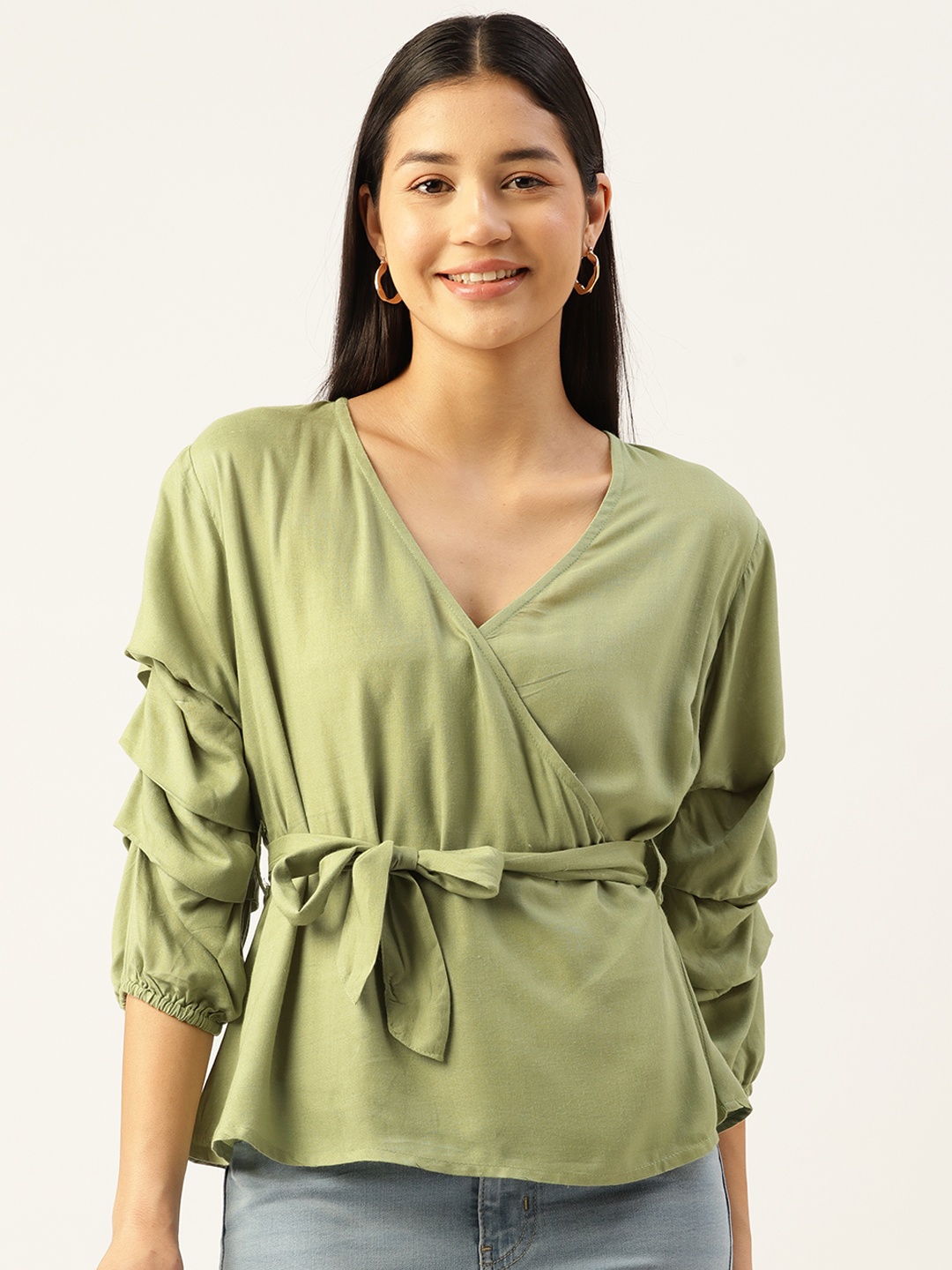 

Alsace Lorraine Paris Puff Sleeves Wrap Top With Tie-Ups, Green