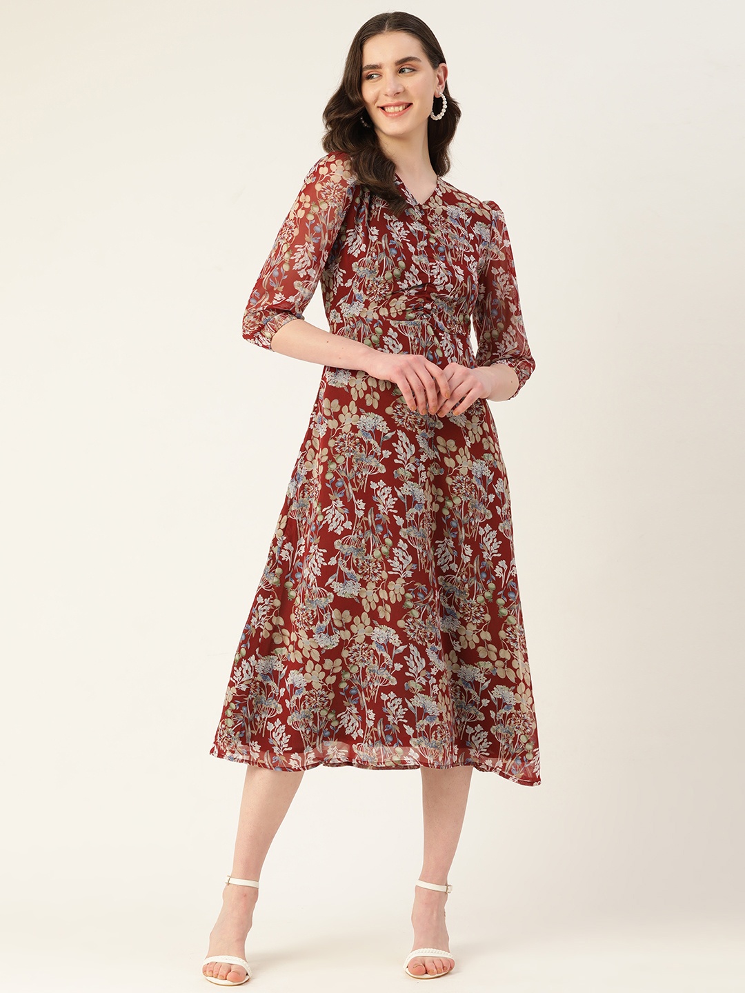

Alsace Lorraine Paris Floral Georgette A-Line Midi Dress, Maroon