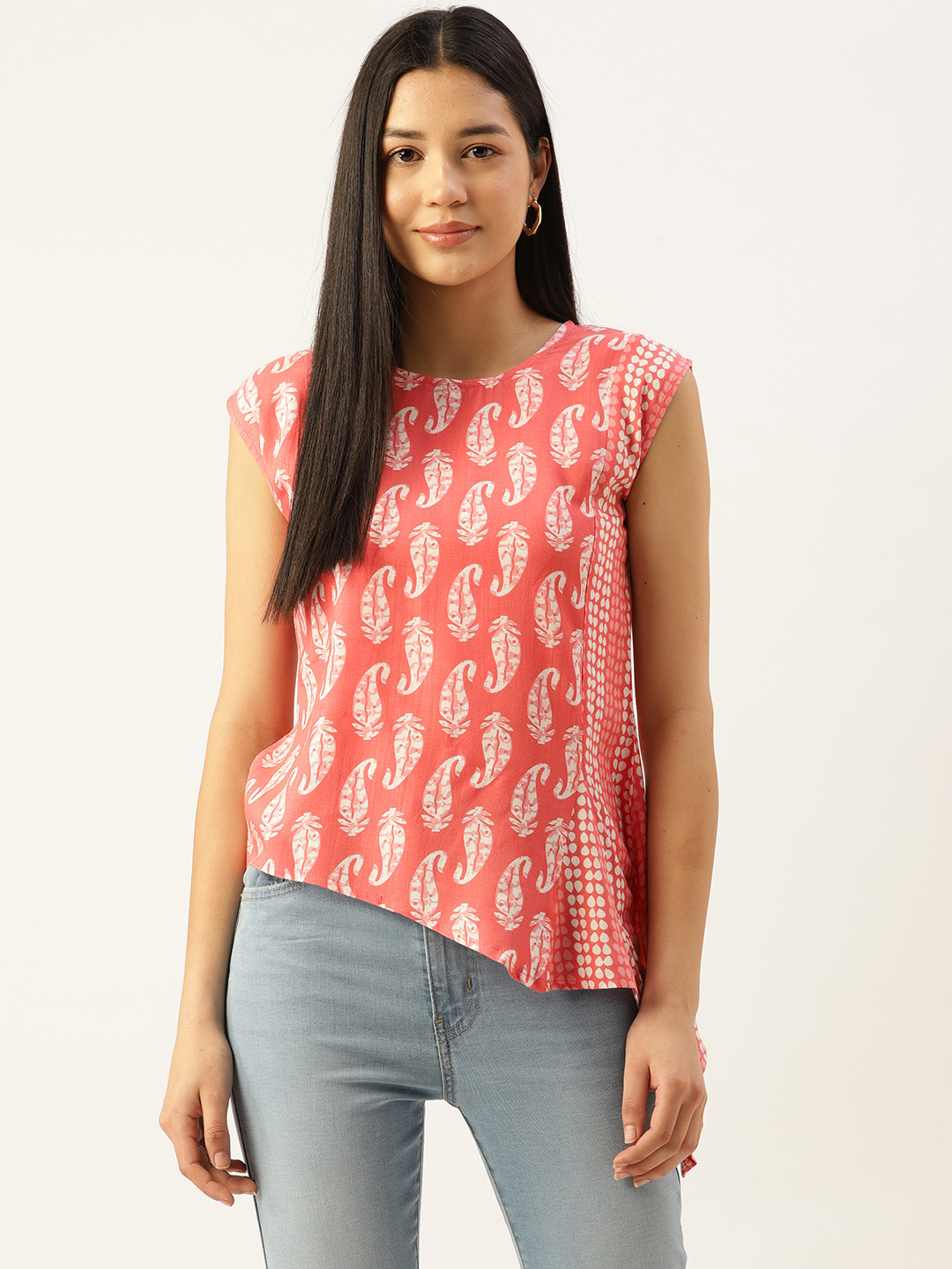 

Alsace Lorraine Paris Ethnic Print Asymmetric Top, Coral