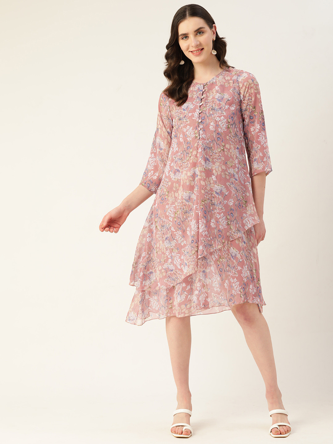 

Alsace Lorraine Paris Floral Layered Georgette A-Line Dress, Pink