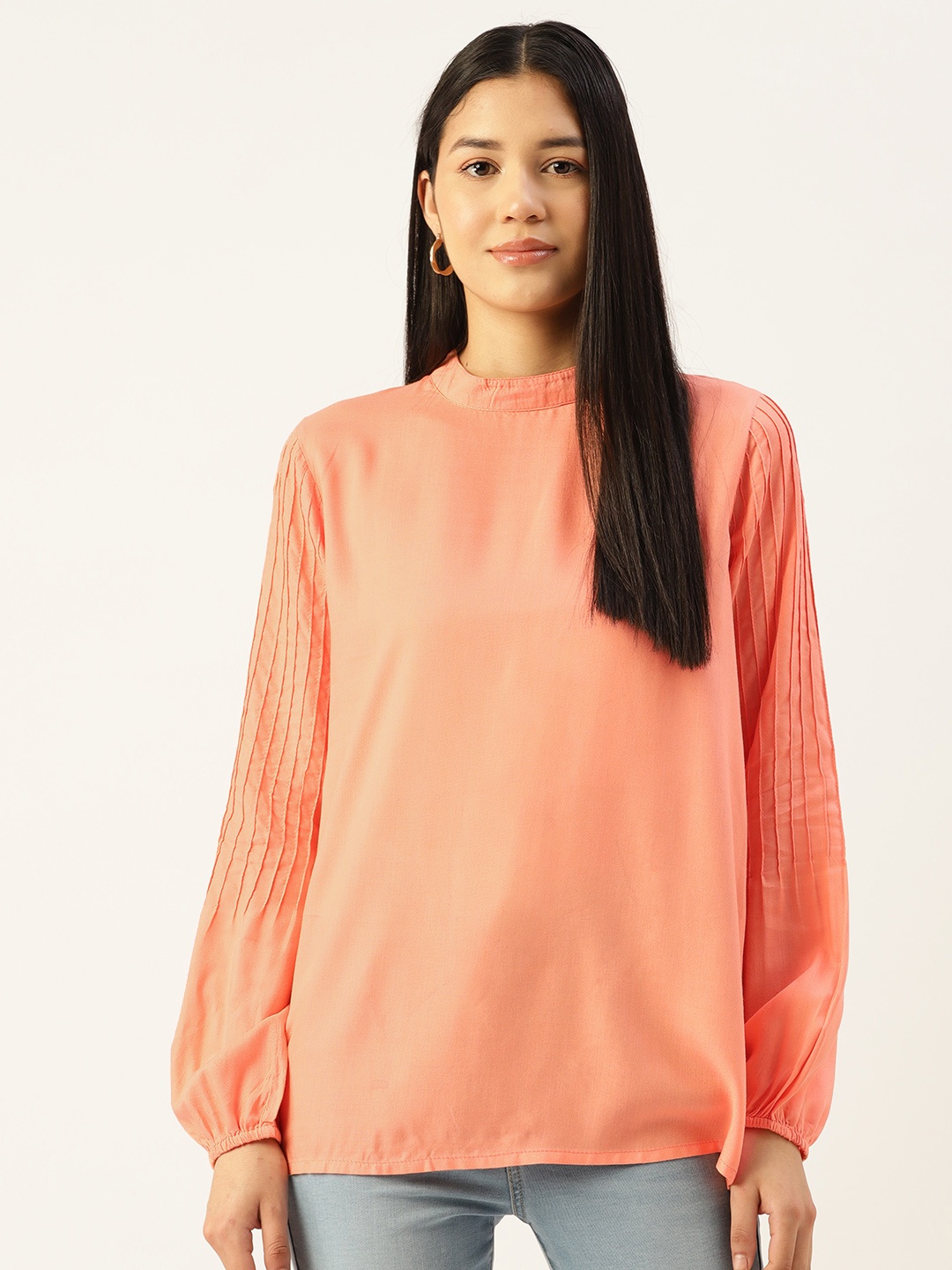 

Alsace Lorraine Paris Puff Sleeves Mandarin Collar Longline Top, Peach