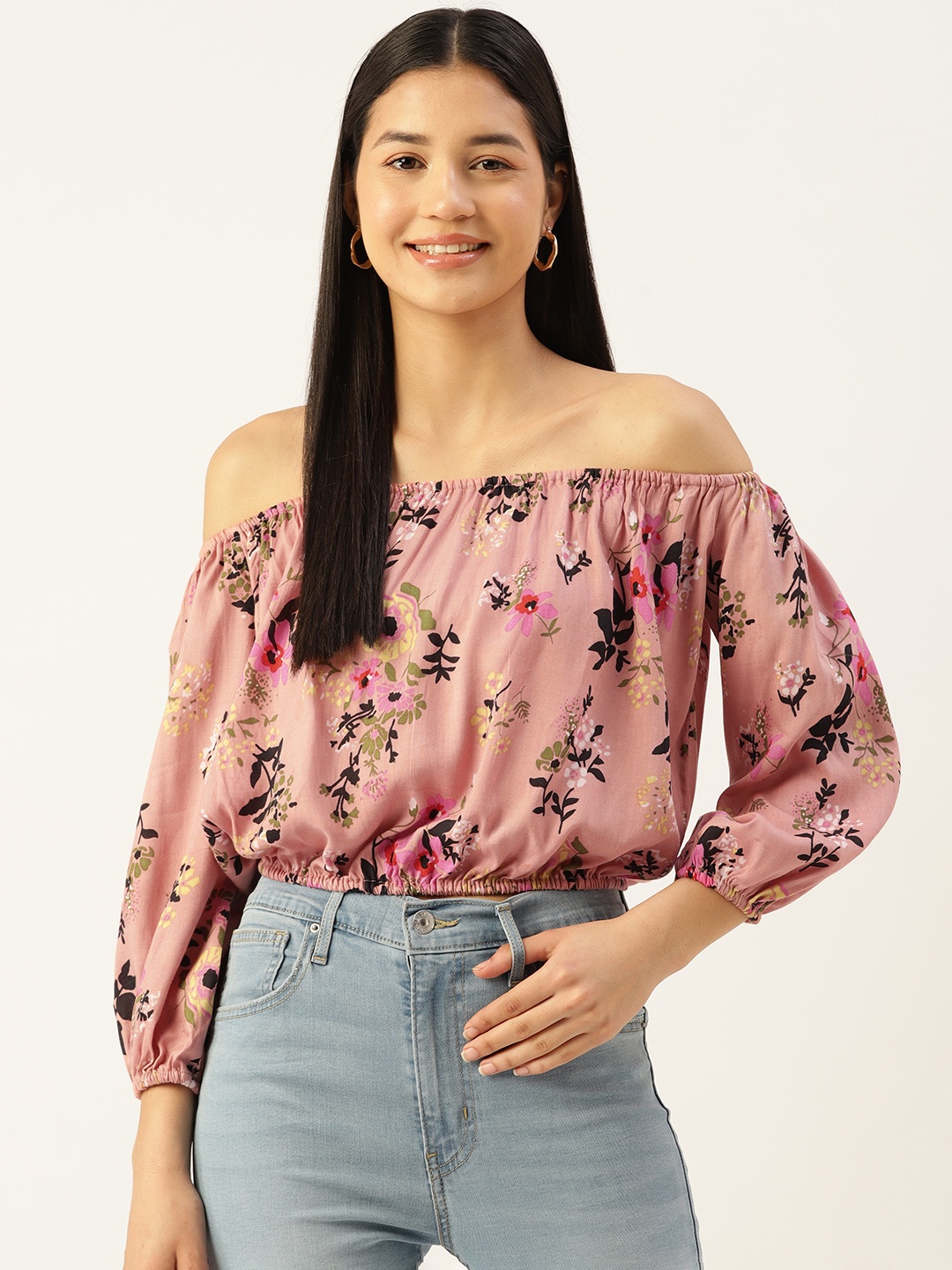 

Alsace Lorraine Paris Floral Print Off-Shoulder Crepe Bardot Crop Top, Pink