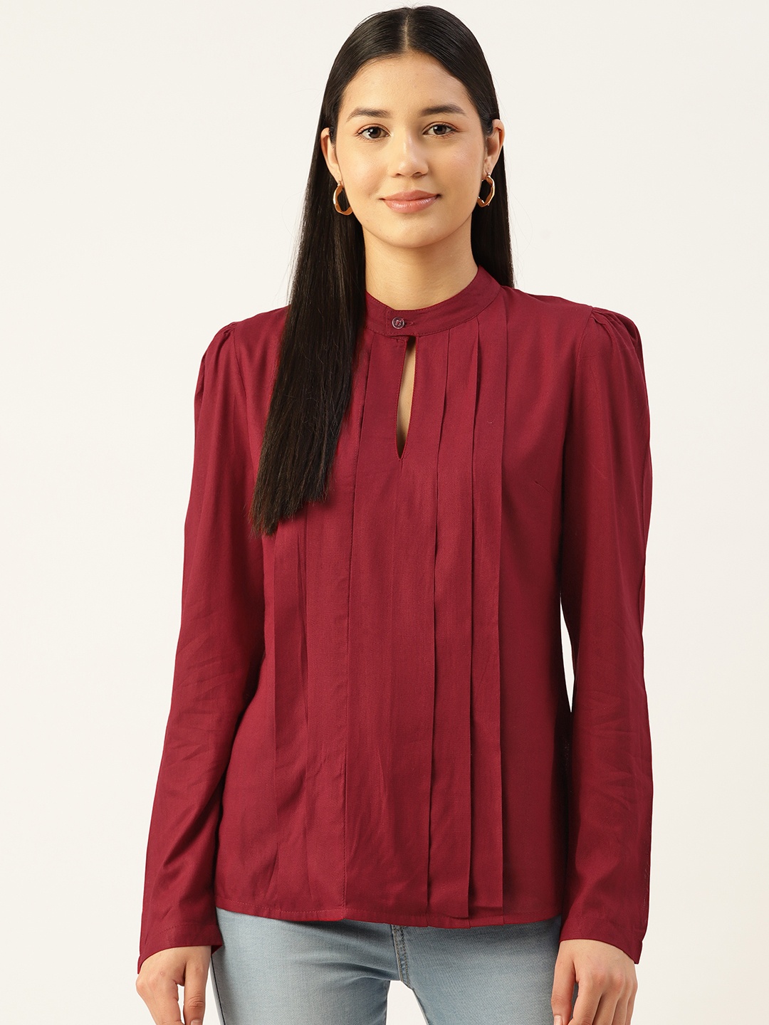 

Alsace Lorraine Paris Keyhole Neck Puff Sleeves Top, Maroon