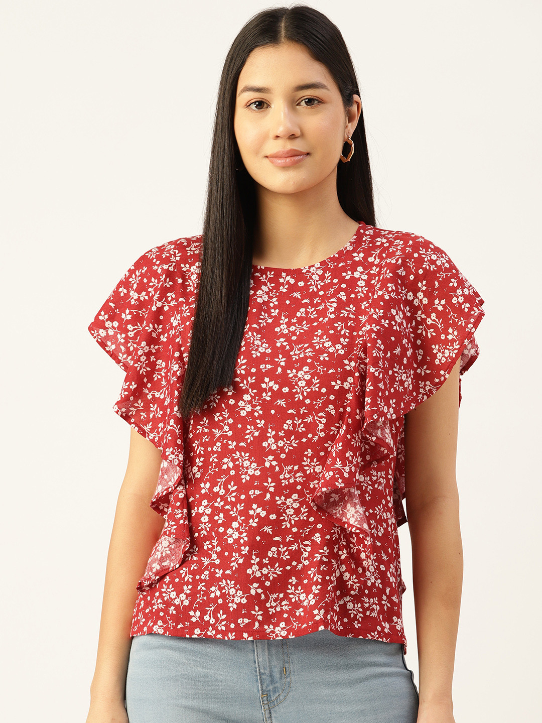 

Alsace Lorraine Paris Floral Print Fared Sleeves Crepe Top, Maroon
