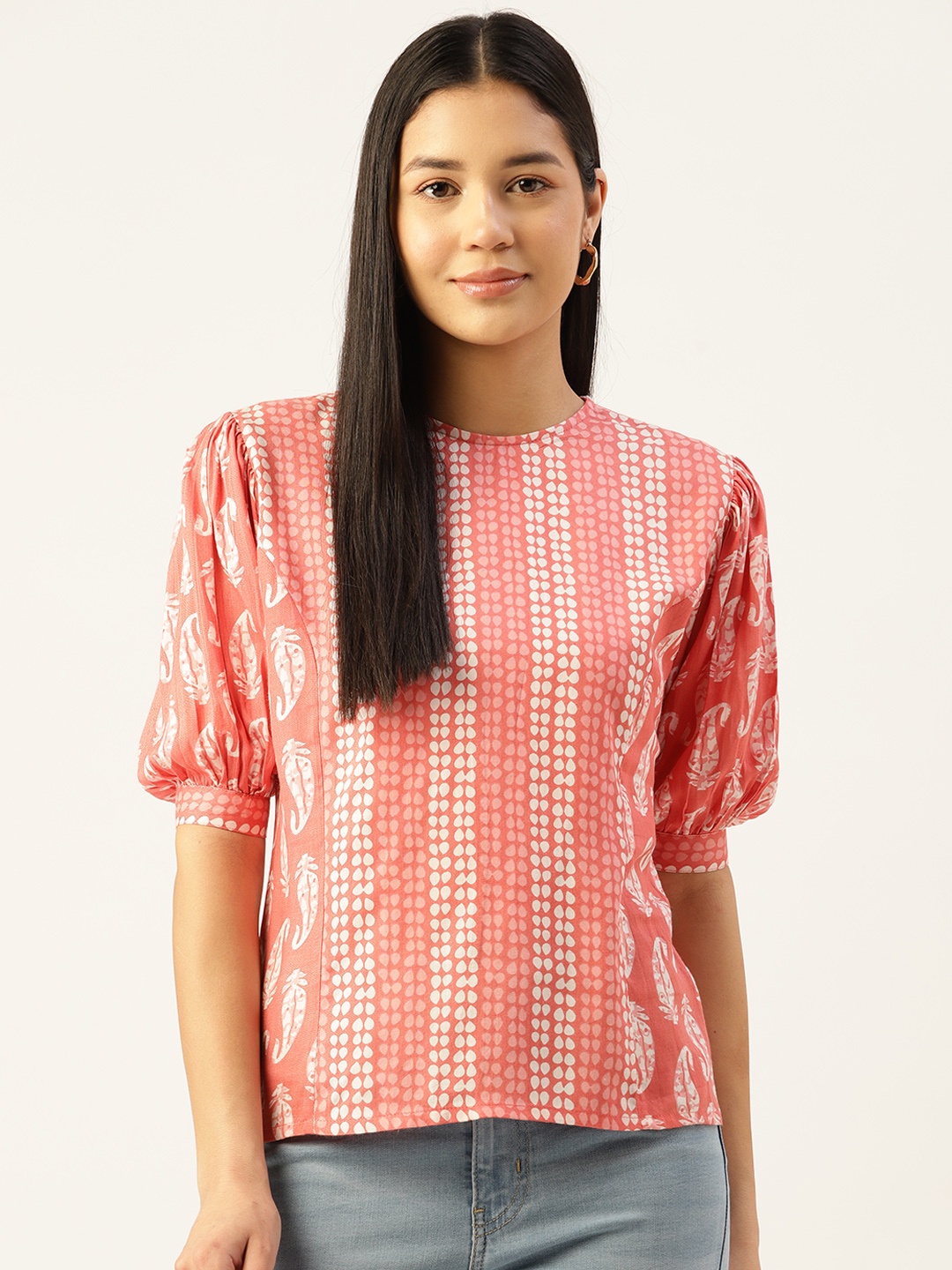 

Alsace Lorraine Paris Ethnic Print Puff Sleeves Crepe Top, Coral