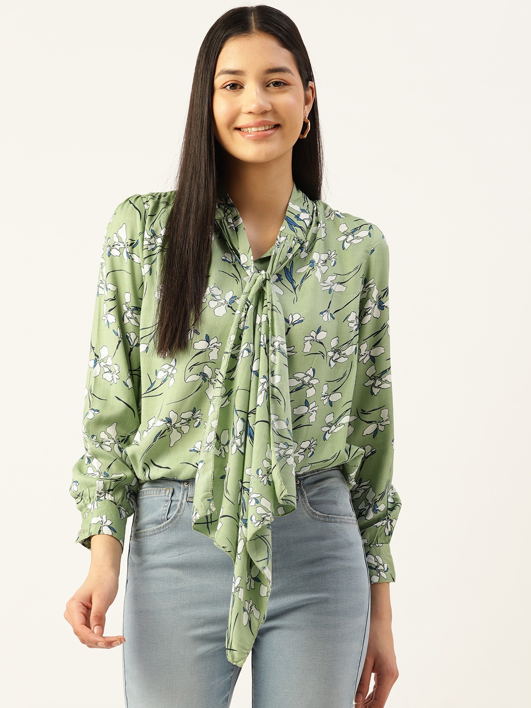 

Alsace Lorraine Paris Floral Print Tie-Up Neck Blouson Crop Top, Green