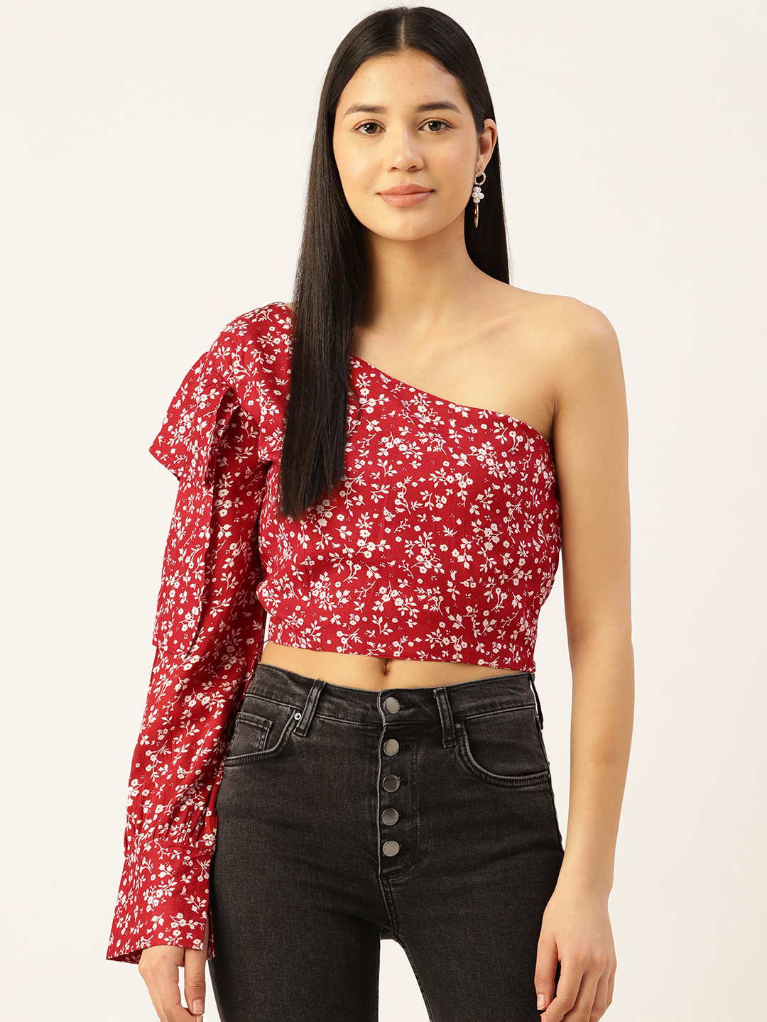 

Alsace Lorraine Paris Floral Print One Shoulder Flared Sleeve Crop Top, Maroon