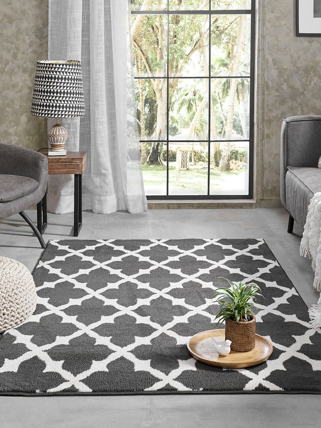 

MYTRIDENT Dazzle Trellis Grey Melange White Geometric Patterned 3155 GSM Floor Mat