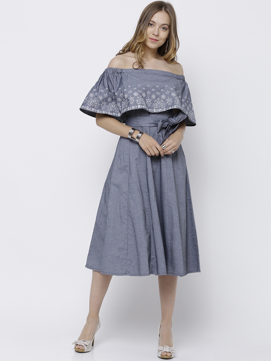 

Tokyo Talkies Women Navy Blue Solid Midi Bardot Dress