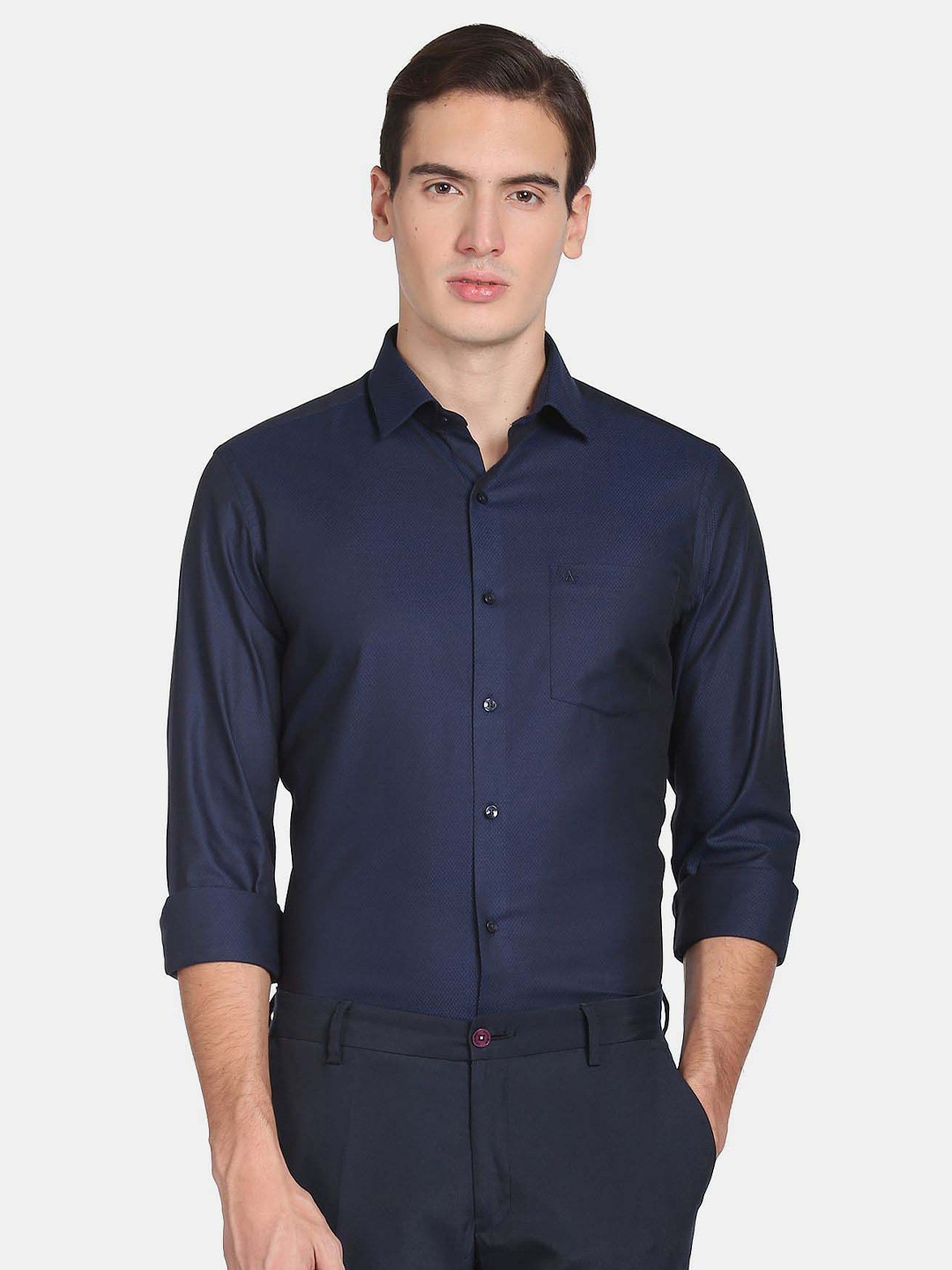 

Arrow Men Self Design Formal Pure Cotton Shirt, Navy blue