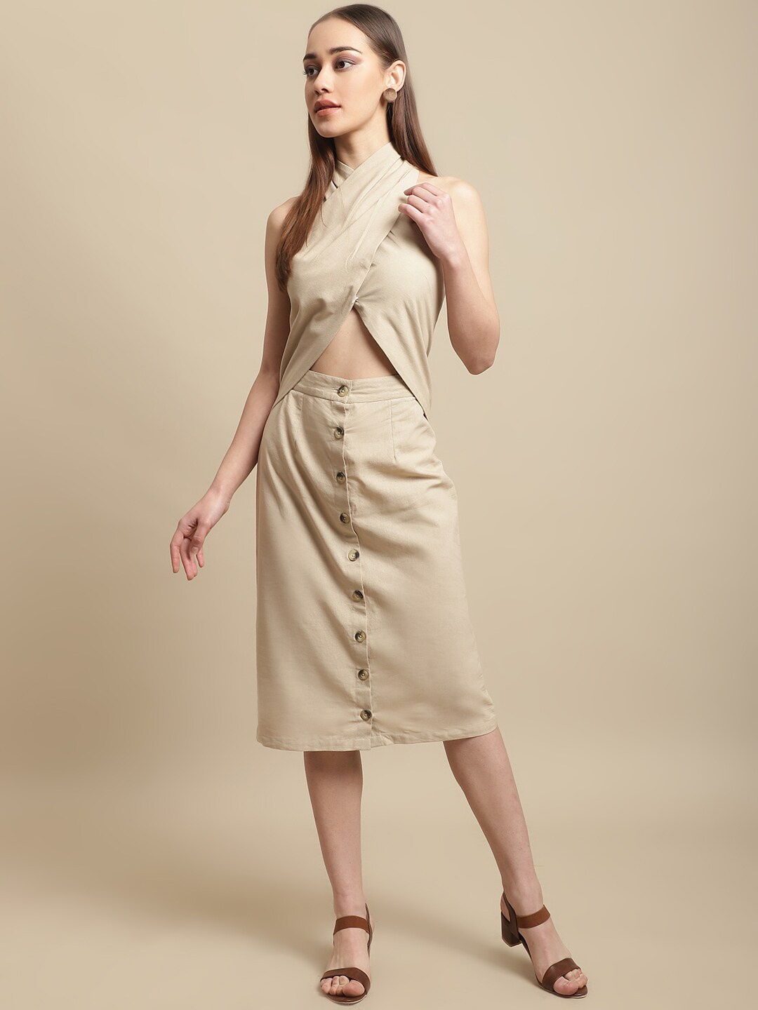 

BLANC9 Halter Neck Layered A-Line Midi Cotton Dress, Beige