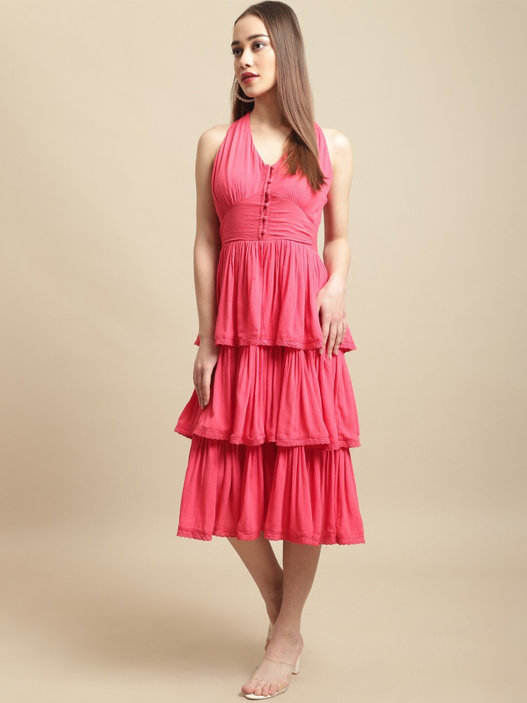 

BLANC9 Halter Neck Smocked Midi Cotton Dress, Pink