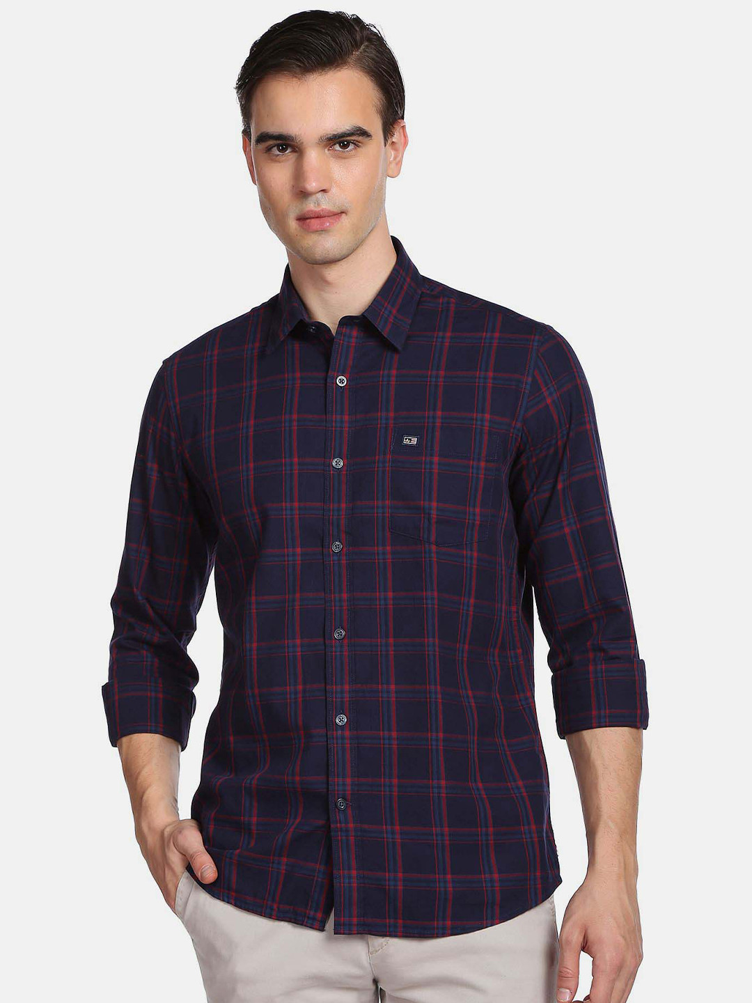 

Arrow Sport Men Slim Fit Grid Tattersall Checked Pure Cotton Shirt, Navy blue