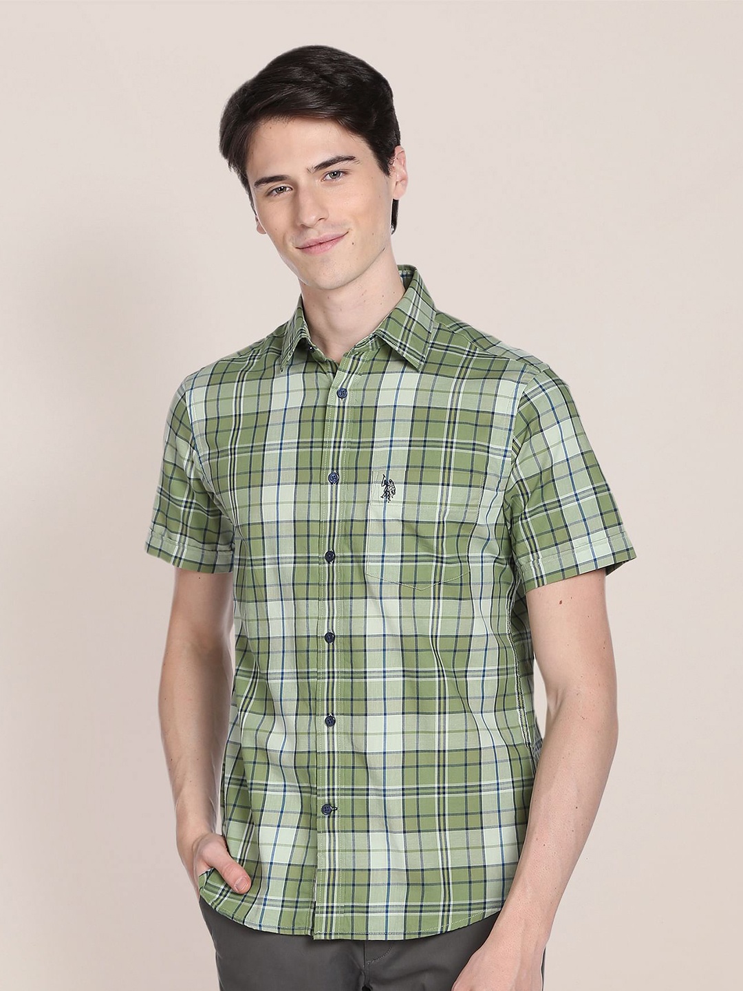 

U.S. Polo Assn. Men Tartan Checks Checked Pure Cotton Casual Shirt, Green