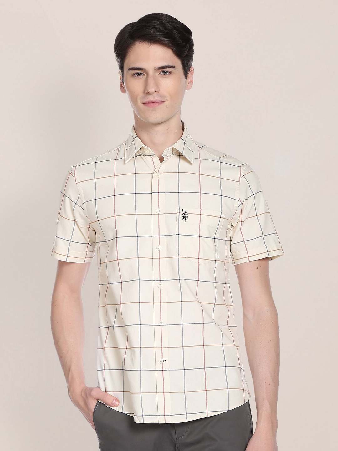 

U.S. Polo Assn. Men Windowpane Checked Oxford Pure Cotton Casual Shirt, Beige