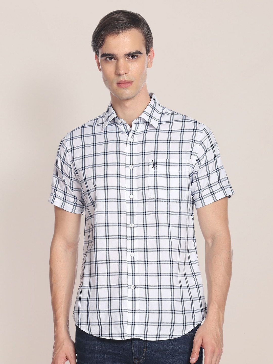 

U.S. Polo Assn. Men Tartan Checked Herringbone Pure Cotton Casual Shirt, White